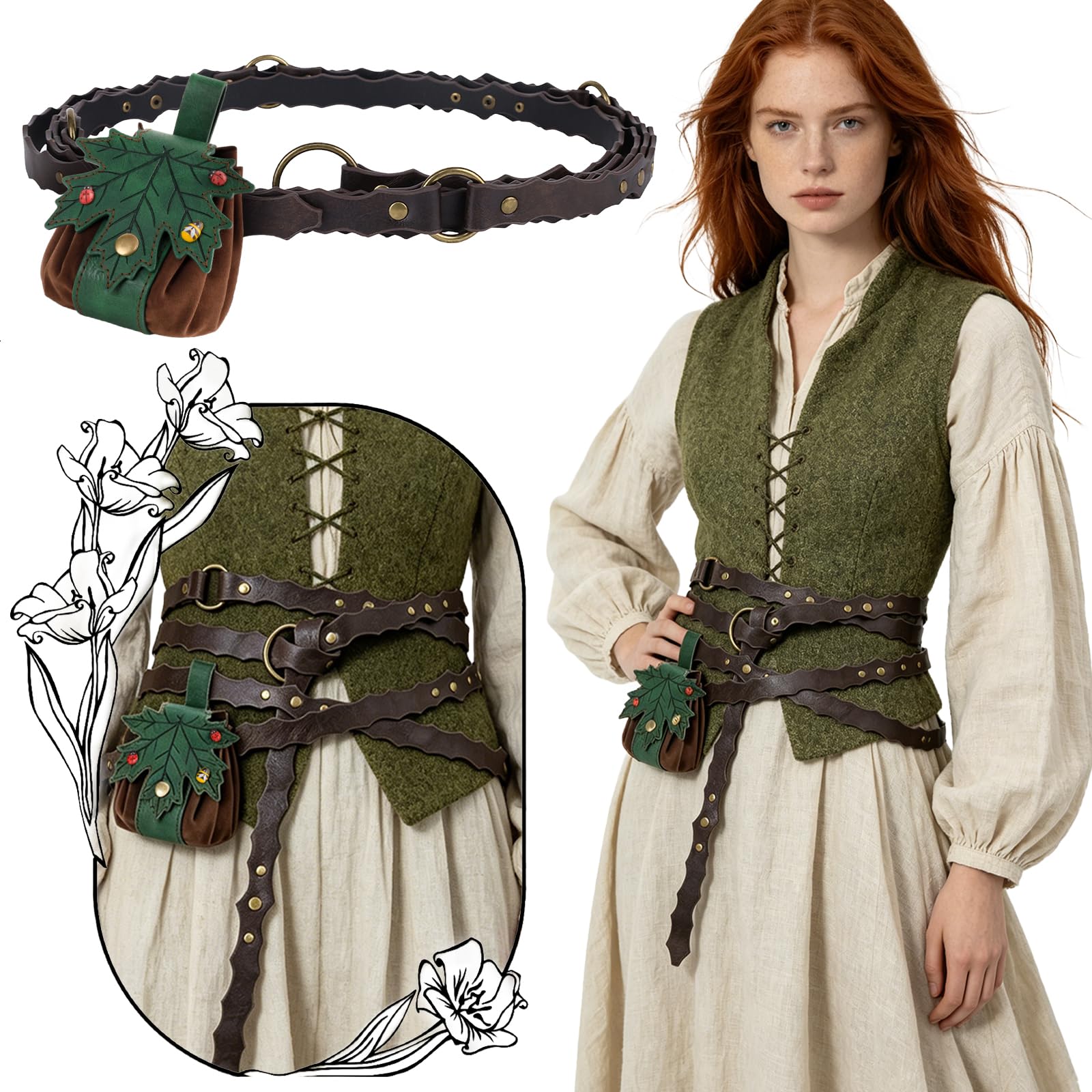 HiiFeuer Średniowieczny pasek renesansowa torebka z liśćmi, bagladybug dekoracja torba na kości elfie akcesoria do sukienki na LARP Ren Faire Halloween