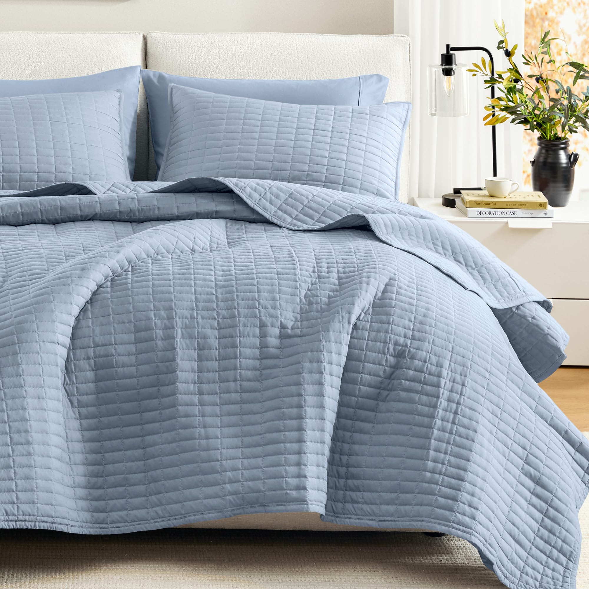 Comfort Spaces Kienna Quilt Set-Luxury Double Sided Stitching Design Summer Blanket, Lightweight, Soft, All Season Bedding Layer, Matching Sham, Blue, Coverlet King (104"x90") 3 Piece