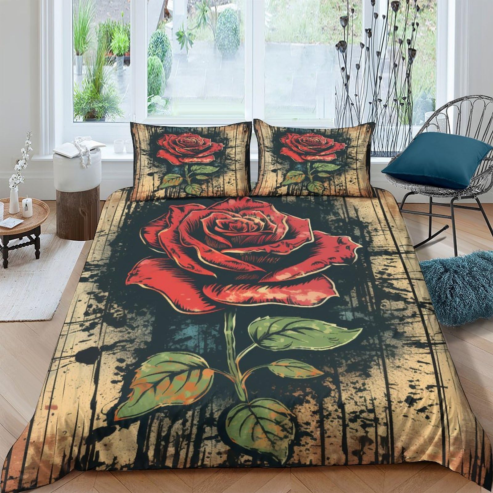 Housse de couette roses anciennes king 220x240 cm parure de lit microfibre style vieilli 3 pièces