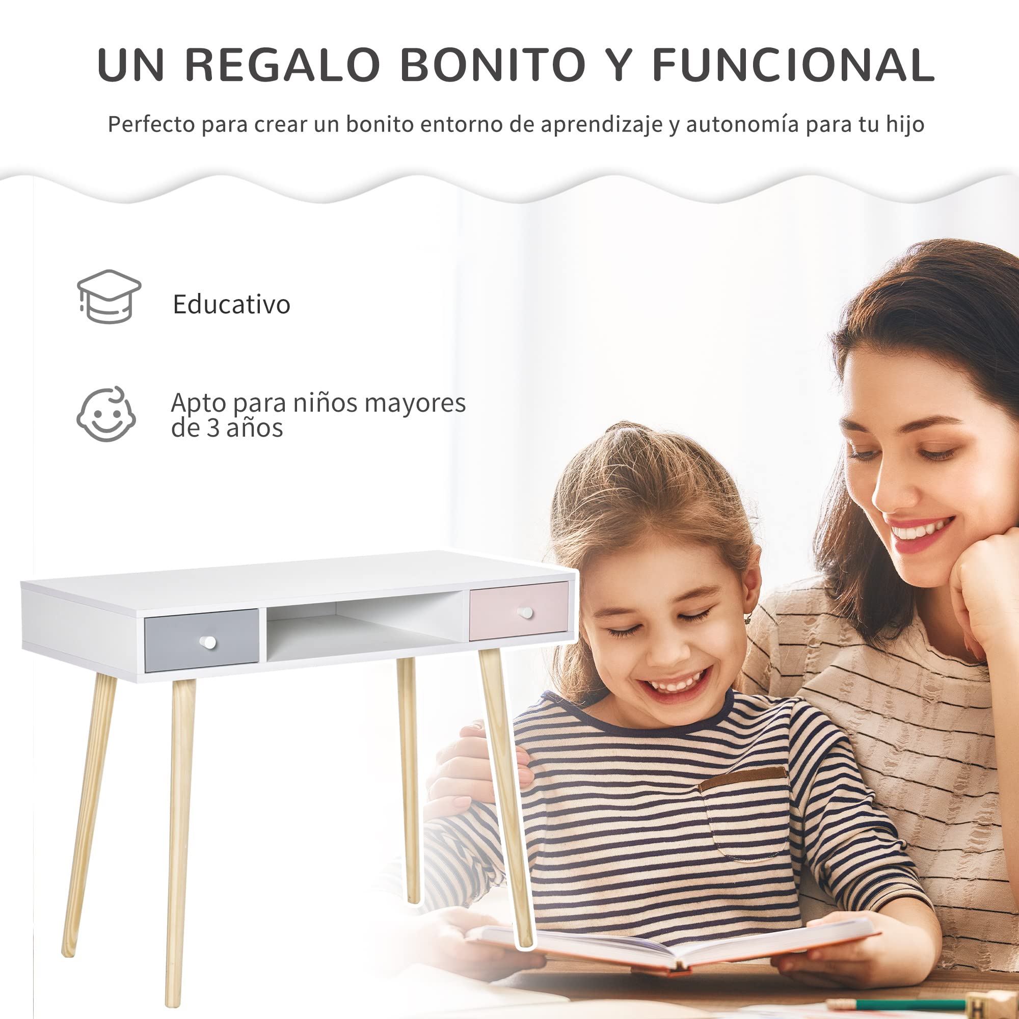 HOMCOM Mesa de Escritorio Infantil con 1 Compartimento Abierto y 2 Cajones Estilo Nórdico 100x48x76,5 cm Multicolor