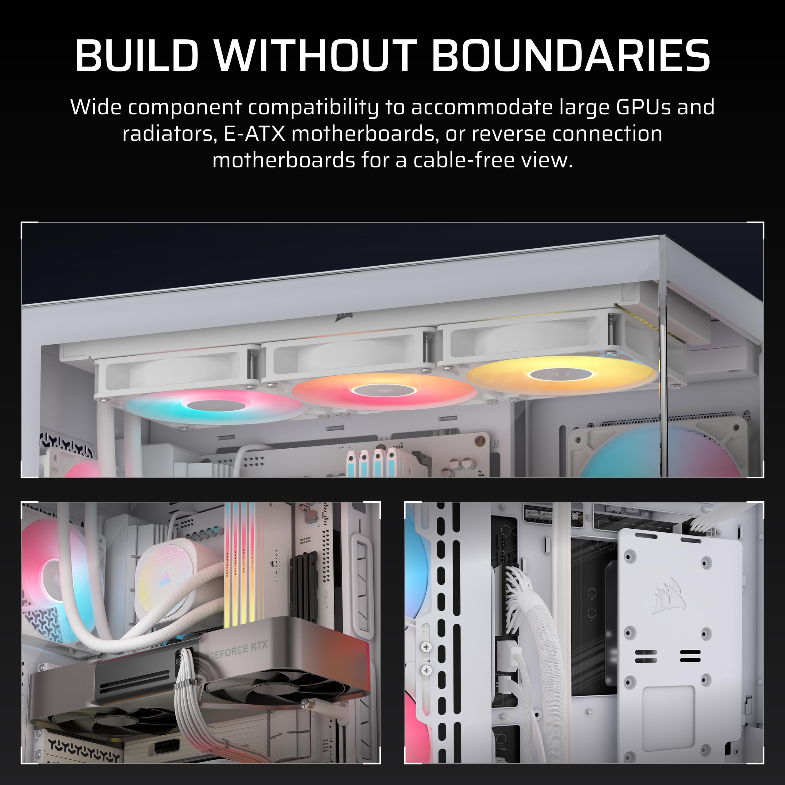 CORSAIR 3500X RS-R ARGB Panoramic Mid-Tower PC Case – 3x Pre-Installed RS120-R ARGB Fans, GPU Anti-Sag Arm, Fits up to 10x 120mm Fans, Reverse Connection Motherboard Compatible – White — view 4