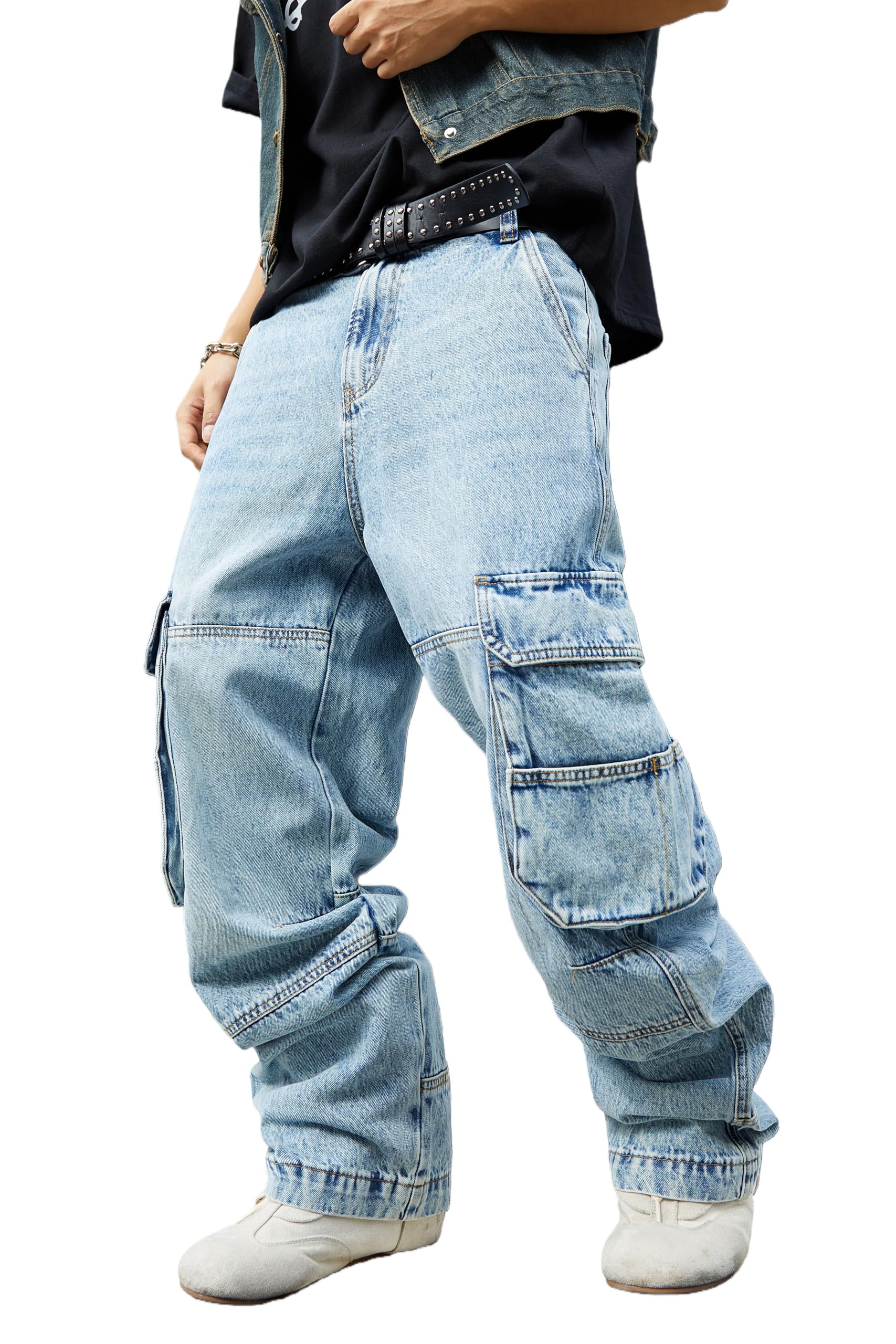 Mens Y2K Hip Hop Baggy Cargo Jeans Loose Fit Wide Leg Denim Pants Casual Streetwear Trousers
