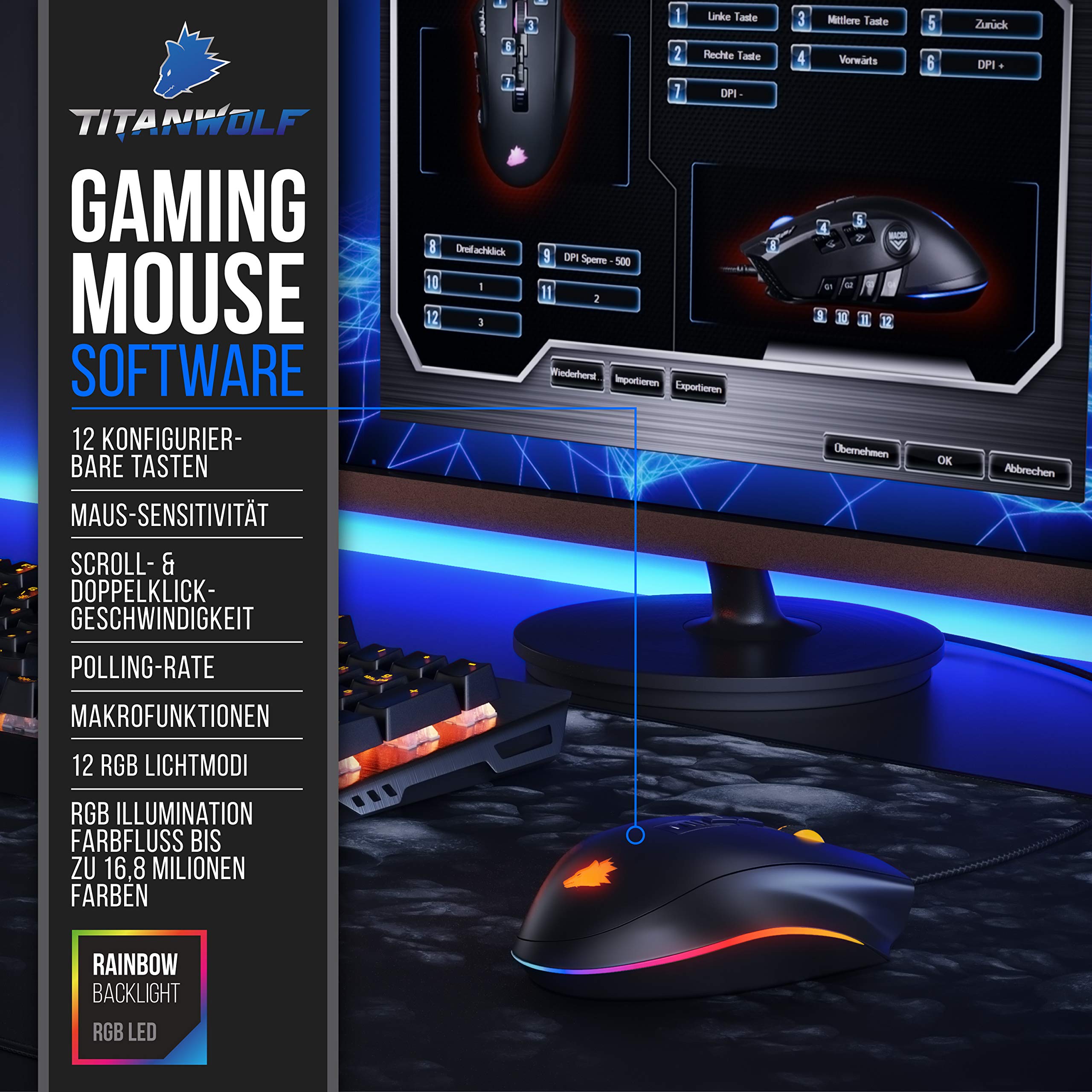 Titanwolf - Gaming Maus - Mouse mit 24.000 DPI Abtastrate - Sensor Avago 3360-12 Tasten - inkl. Software Makroprogrammierung - RGB mit Rainbow Backlight - Gewichtstuning - Polling-Rate bis 1000 Hz