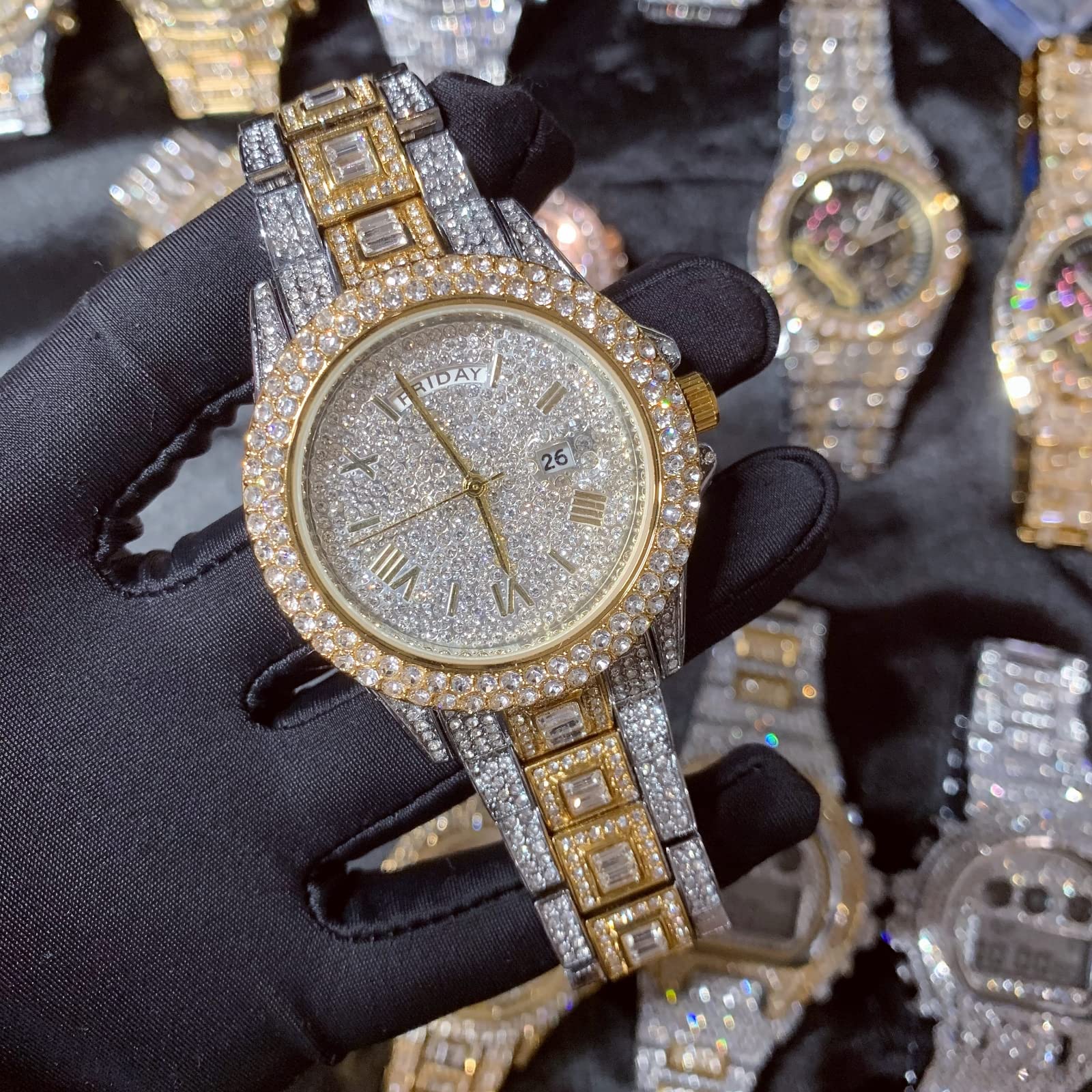 ICEDIAMOND Reloj de cuarzo con doble calendario de 43 mm, esfera redonda chapada en oro con fecha y visualización semanal, reloj de pulsera de diamantes de imitación para hombre, Mezclado, Moda