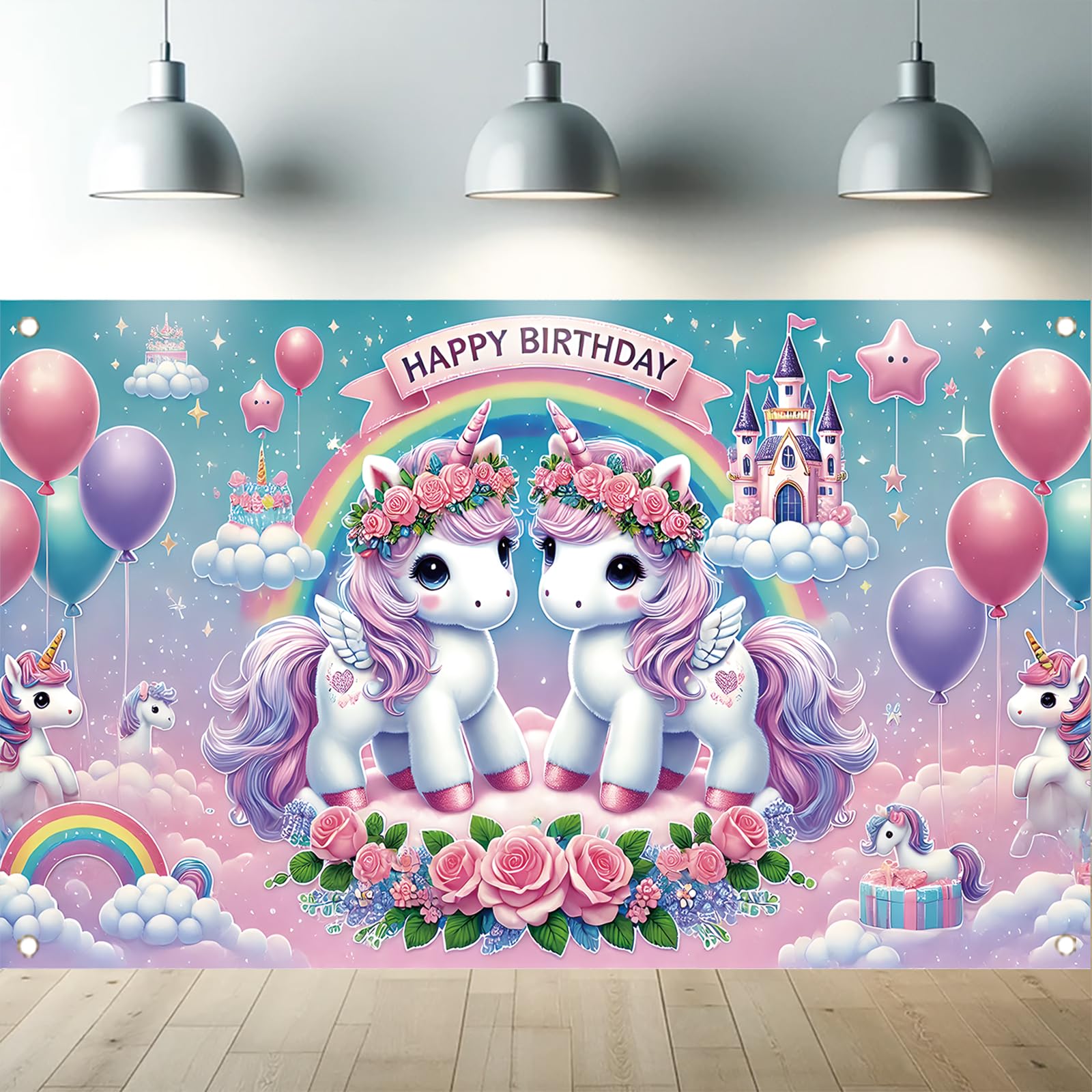 Unicorn Birthday Backdrop Birthday Party Decorations Photo Background Banner for Girls Birthday Party Pastel Glitter Floral Unicorn Birthday Banner