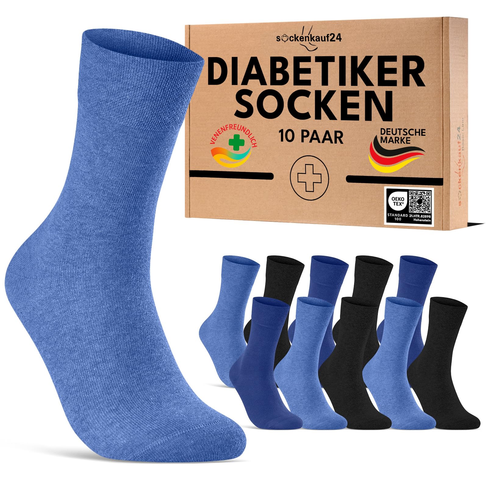 sockenkauf24 10 Paar Diabetikersocken für Herren & Damen ohne Gummibund & ohne Naht aus Baumwolle Diabetiker Socken mit Komfortbund ohne Gummi 70208T (Schwarz/Blau 43-46) WP