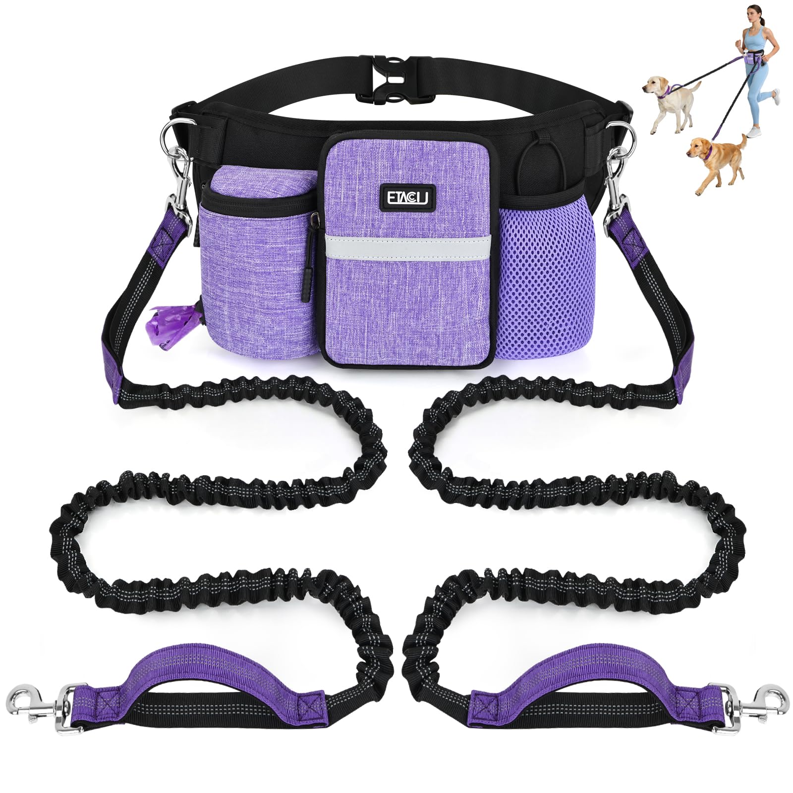 ETACCU Heavy Duty Hands Free Dog Leash with Zipper Pouch for Two Dogs, Waist Belt for Large Medium Dogs for Running, Walking, Jogging and Hiking, Dual Padded Handles and Durable Bungee (2 Dog Purple)