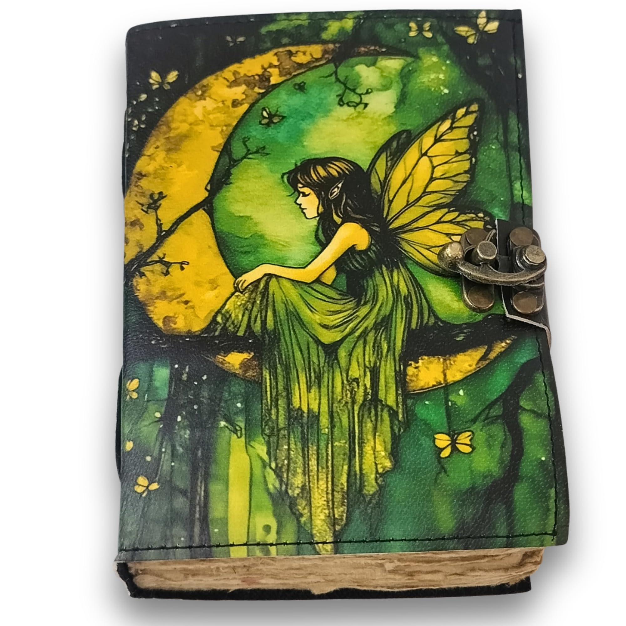 LEARICHI Vintage Leather Bound Notebook, Fairy Princess Moon Journal for Men and Women, Artist Drawing Sketch Book Writing Diary Travel Gift Old Handmade Deckle Paper Unlined Pages, Size B6