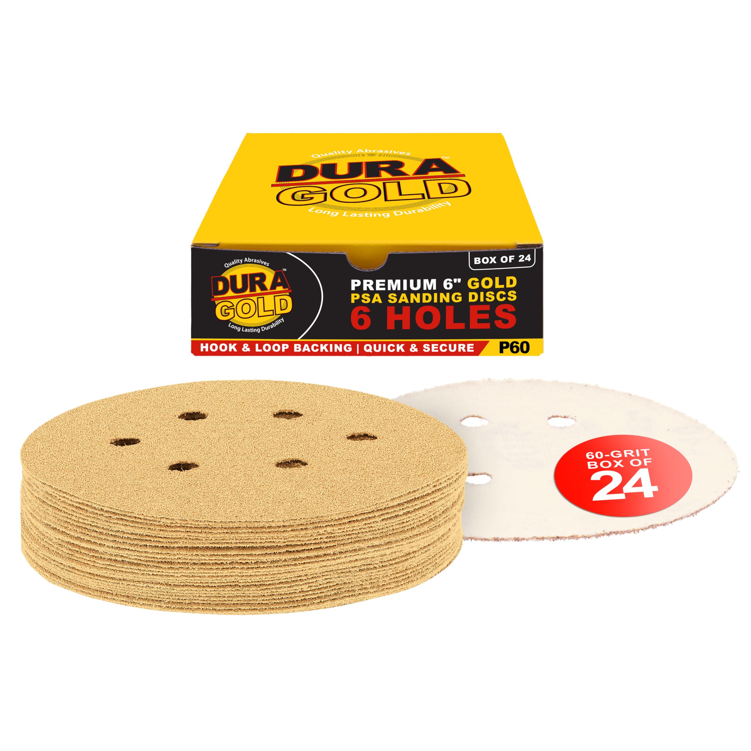 Dura-Gold - Premium - Discos de lija de 6 agujeros para lijadoras DA de grano 60 de 6 pulgadas dorados, con gancho y bucle, caja de 24 discos de acabado de papel de lija para automoción y carpintería