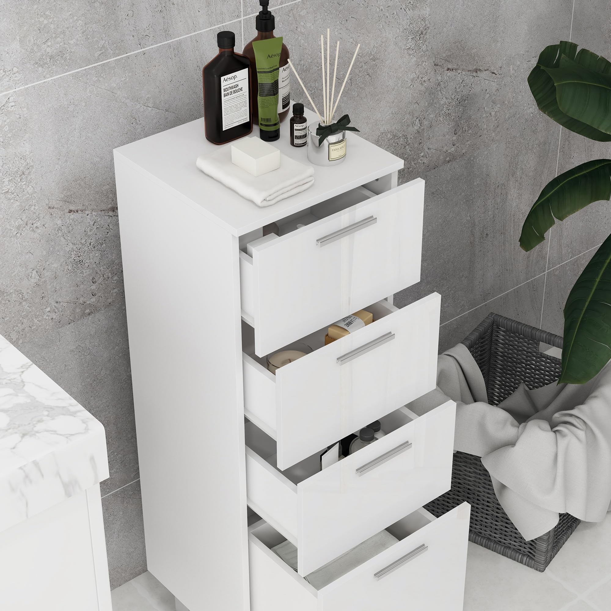 kleankin Meuble de Salle de Bain, Meuble de Rangement, Meuble de Toilette sur Pied avec 4 tiroirs et Base surélevée, Commode Salle de Bain, Salon, Chambre, 30 x 30 x 93 cm, Blanc Brillant