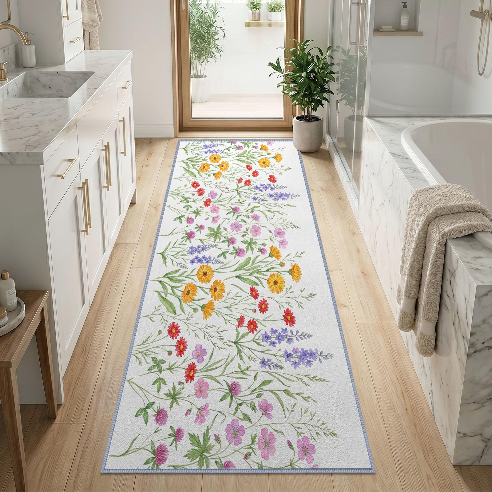 Fleurs Sauvages Prairie Tapis Couloir Lavable en Machine 60x240cm