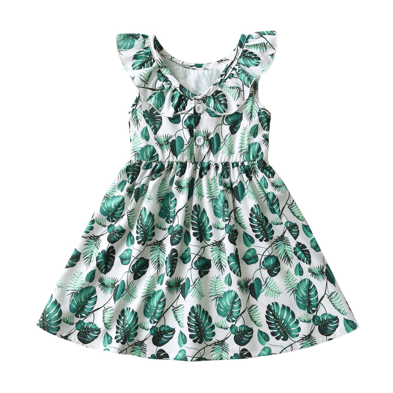 Tearfuty Toddler Baby Girls Summer Dress Leaf Print Sleeveless Dress for 12 Months-5 Years Green