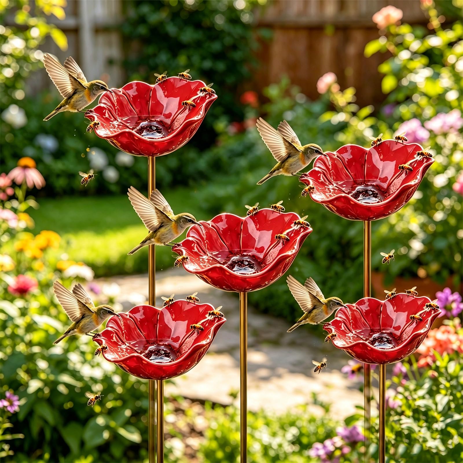 Handmade Metal Flower Garden Stake Bird Bath, Butterfly Bee Water Feeder with Flower Design, Decorative Garden Flowers Bird Bath for Yard, Lawn & Patio Decor (5pcs-Red)