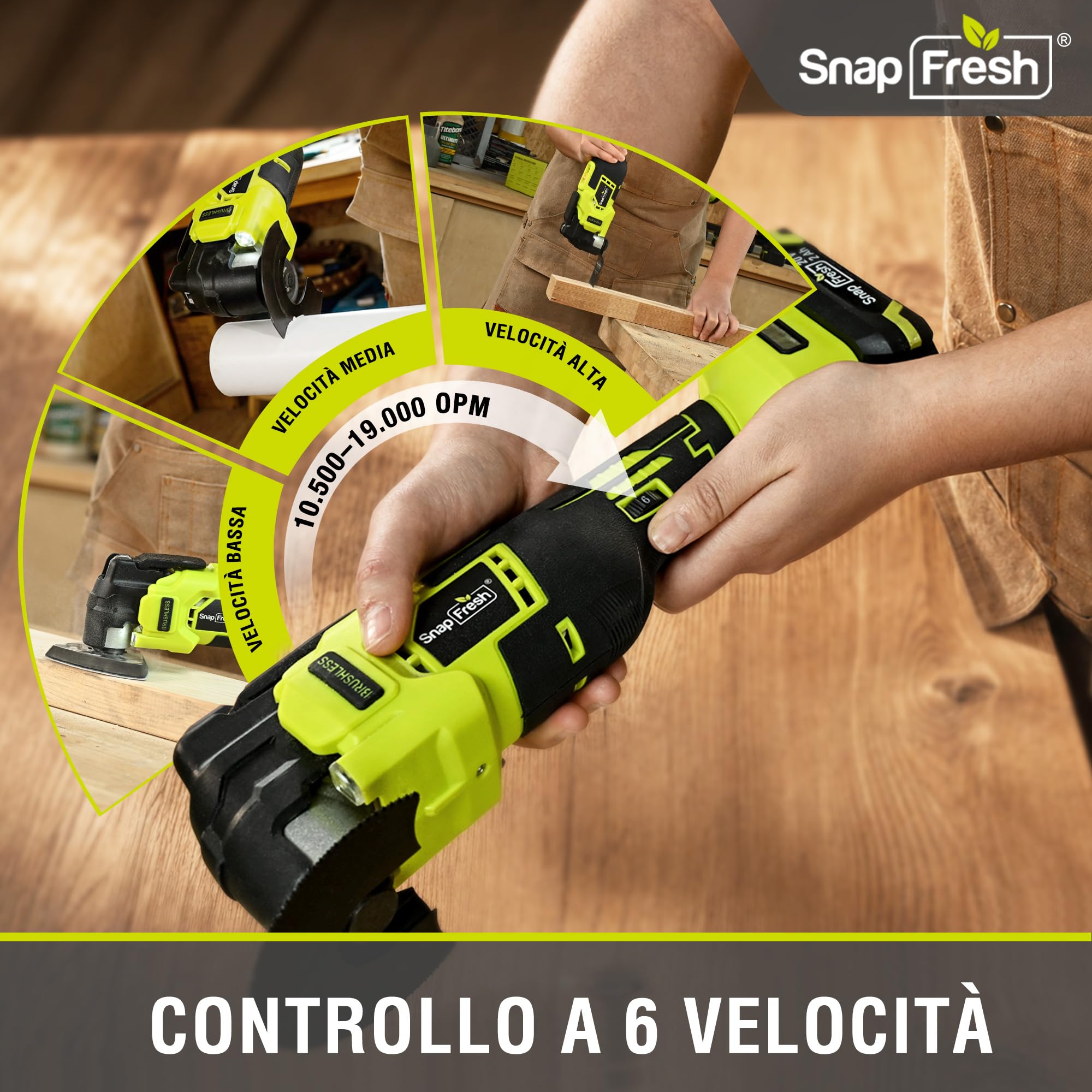 SnapFresh Utensile Multifunzione Oscillante 20V Senza Fili e Senza Spazzole, Tecnologia Anti-Vibrazione VibeNeutral, 6 Velocità Variabili, Angolo 4°, Batteria 2,0 Ah, Caricatore Rapido e Borsa