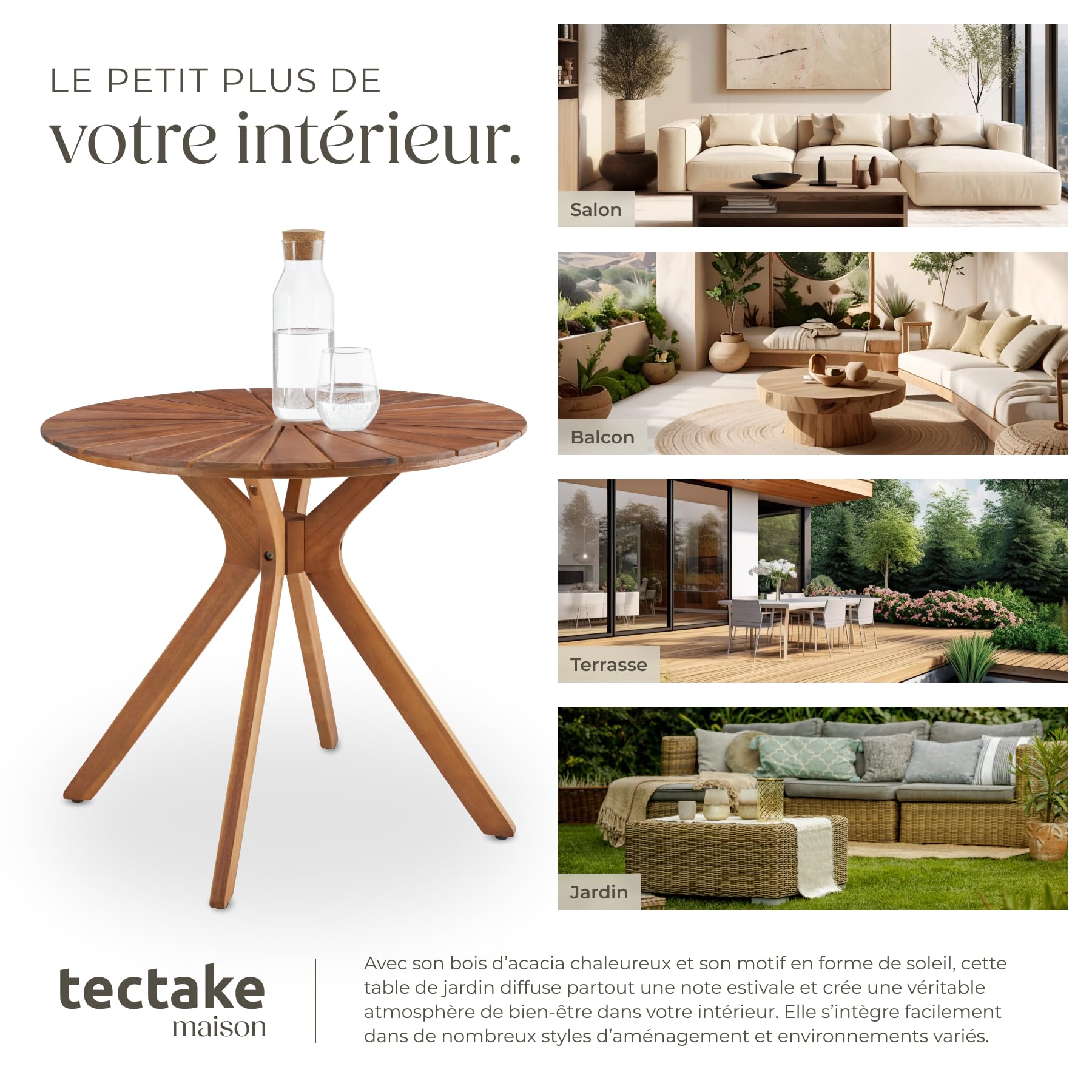 tectake® Table de Jardin Ronde Ø70 x 62 cm, Résistante aux intempéries, Table extérieure en Bois d'acacia, Plateau en Forme de Soleil, Piètement en X, Pieds réglables en Hauteur, Mobilier de Jardin