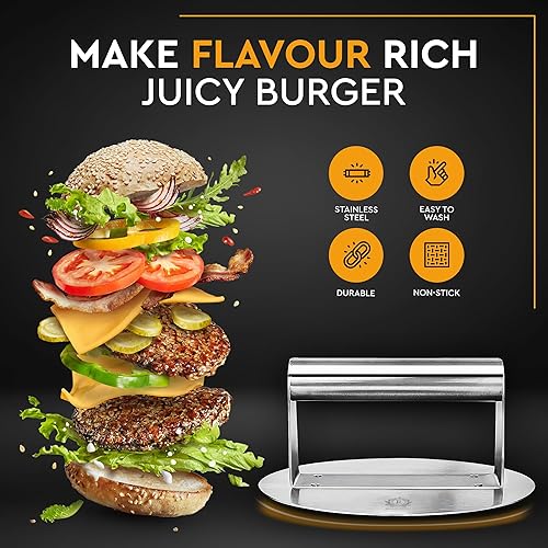 Miniatura 3 de Prensa de hamburguesa redonda de acero inoxidable de 6.2 pulgadas, prensa de hamburguesastrituradora de hamburguesas para plancha, perfecta para