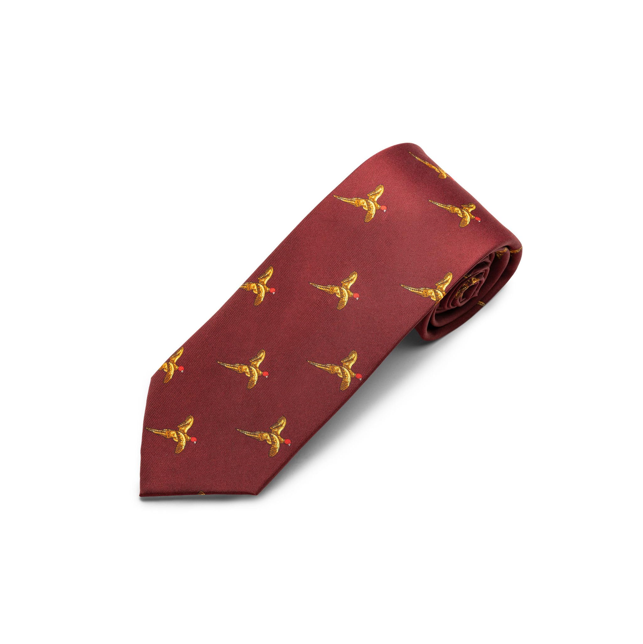 Farm Cottage Brands Silk burgundy red flying pheasants Country Silk Tie - country game shooting, Shoot Day tie (FCB037)