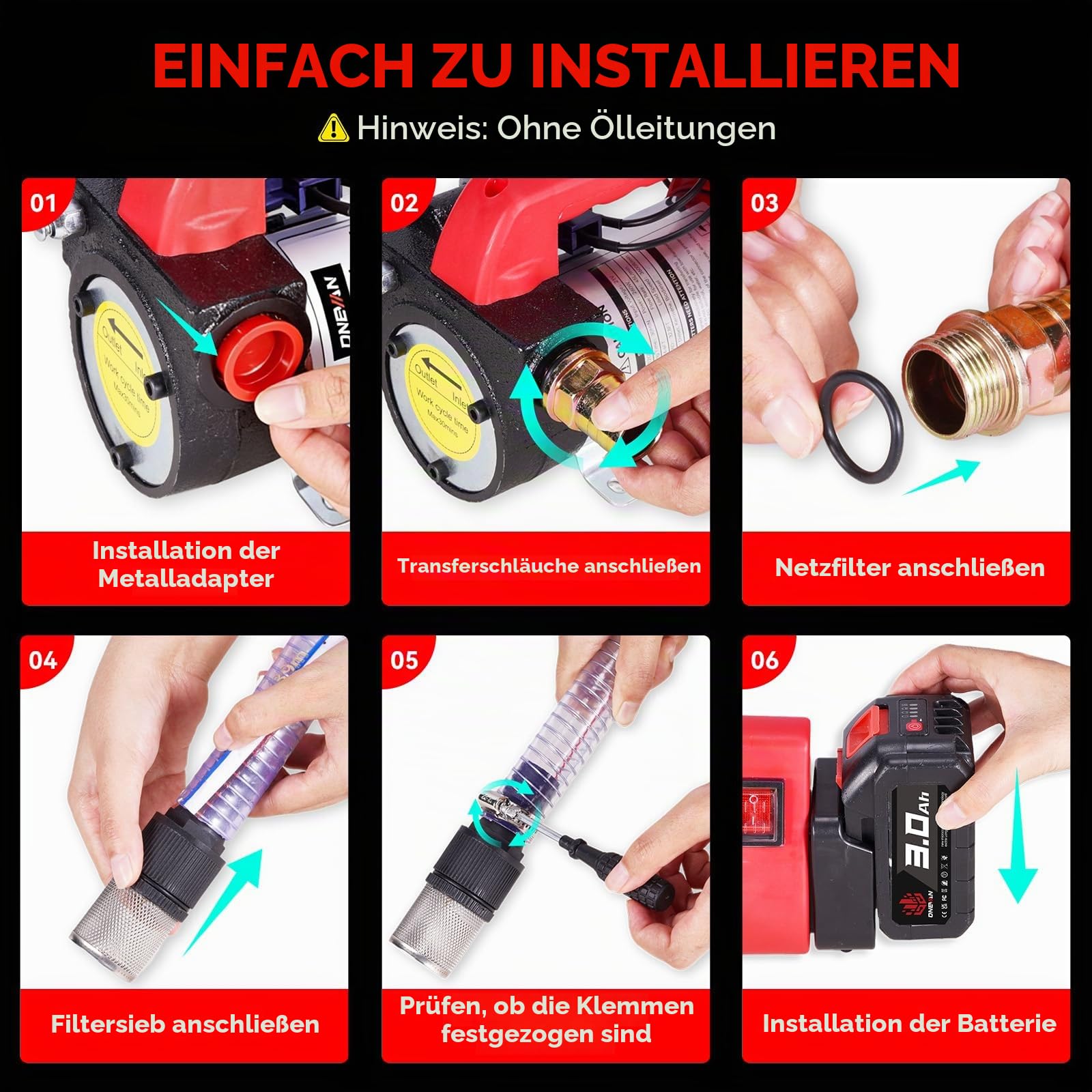 ONEVAN Akku Dieselpumpe 50L/min Tragbare Kraftstoffpumpe für Diesel | 3-5 Metern Saugleistung, 5-8 Metern Förderhöhe, 2x3.0Ah Akkus, Für Diesel & Kerosin, Traktor, LKW, Nicht für Wasser & Benzin