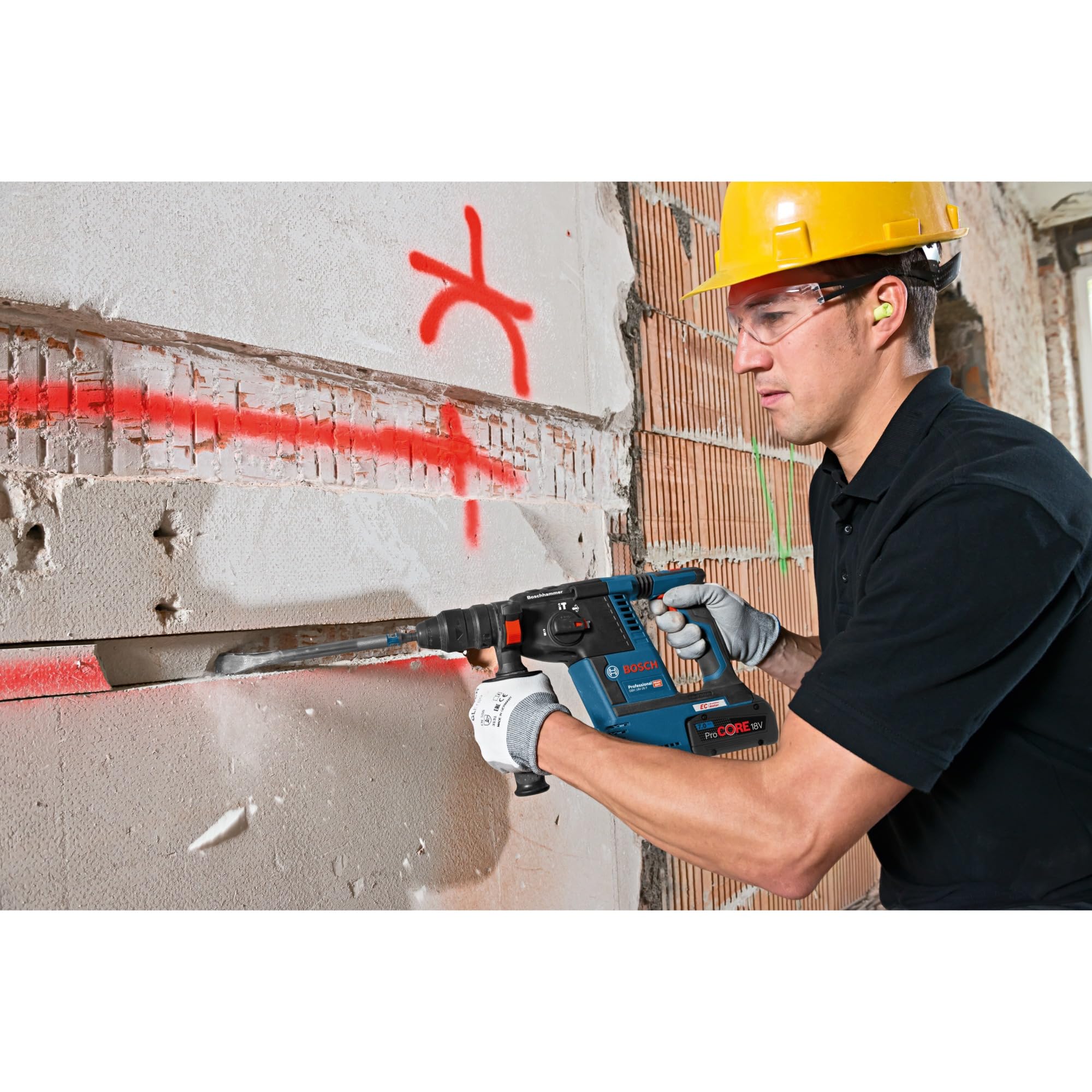 Bosch Professional 18V System perforateur sans-fil GBH 18 V-26 F (avec 2 batteries 5,0Ah, chargeur rapide GAL 1880 CV, butée profondeur 210mm, chiffon, poignée auxiliaire, mandrin automatique, L-BOXX)