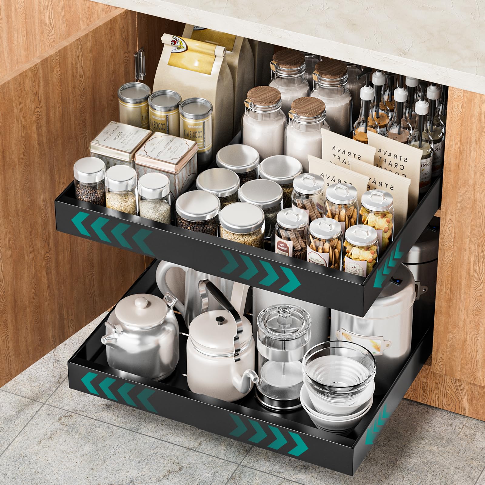 Ausziehbarer Schrank Organizer – Erweiterbare Teleskopschublade für Küchenschränke, Breitenverstellbarer Schrankauszug, Slide-Out Drawer für Küche & Vorratsraum (1 Stück, Schwarz)