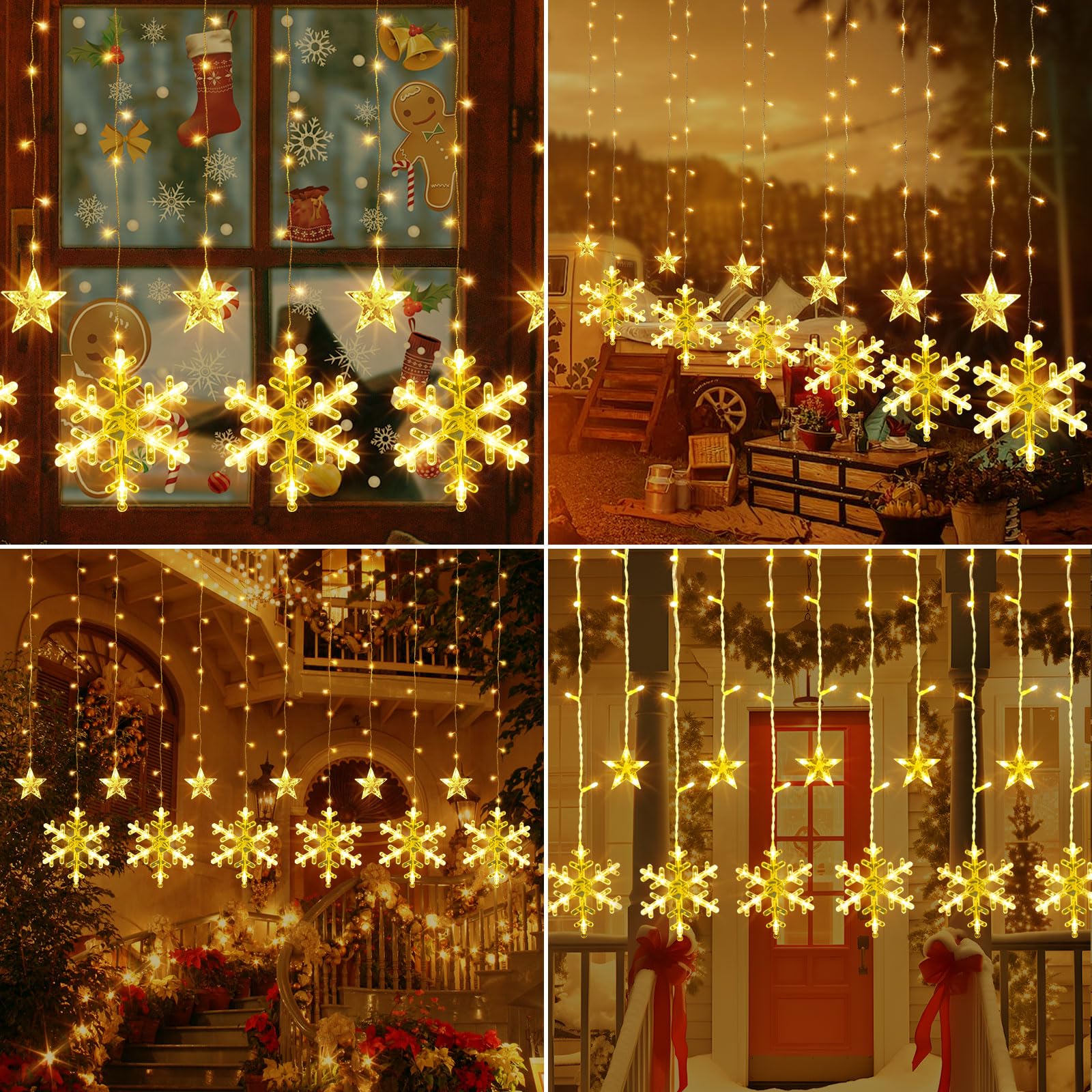 Luces De Estrella LED Para Cortina Navideña - 52 LEDs, 8 Modos, Impermeable IP65, Con Ganchos Adhesivos