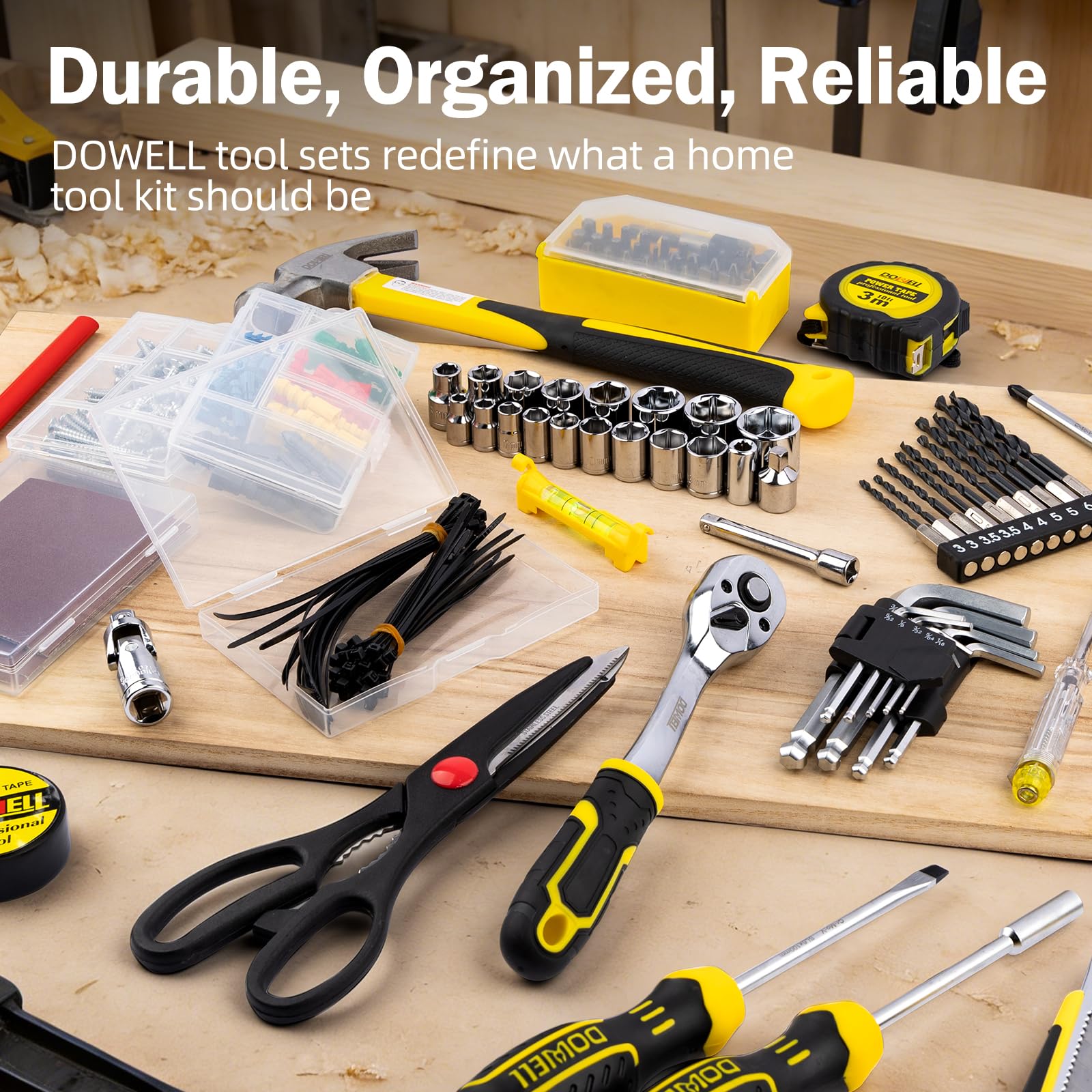 DOWELL Lot de 299 outils à main professionnels avec douilles, pinces, clés hexagonales, tournevis pour la maison, la réparation automobile, l'atelier et le bricolage d'urgence