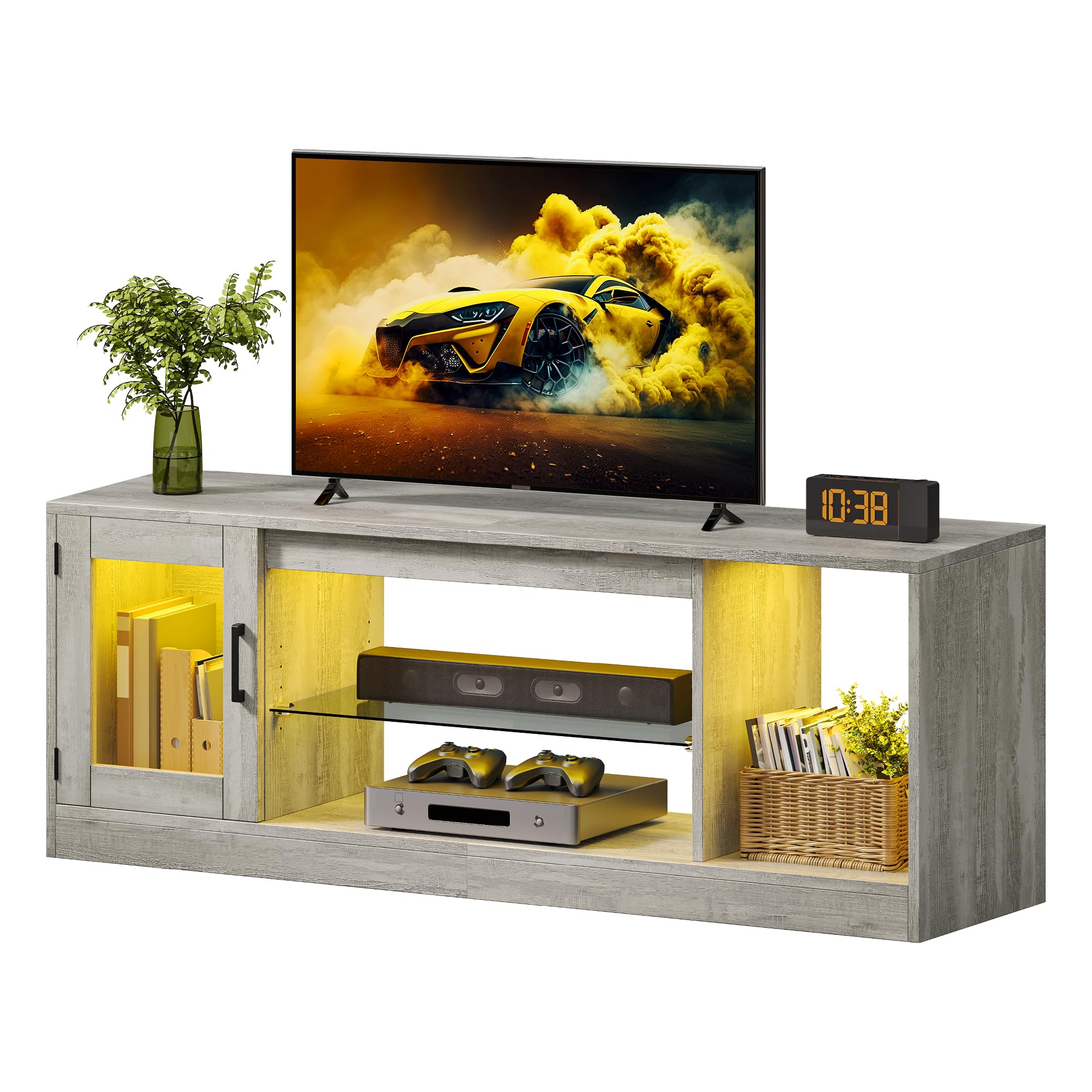 YITAHOME Meuble TV de 148 cm pour téléviseurs jusqu'à 65" avec 7 LED RVB 22 Modes d'éclairage TV Centre de Divertissement avec étagères en Verre réglables pour Salon, Chambre à Coucher