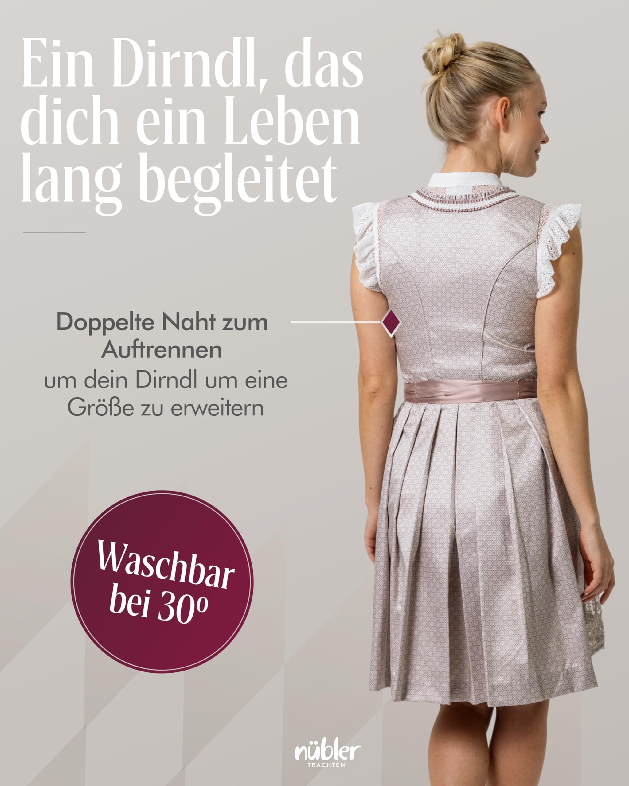 Nübler Damen Dirndl Tessa I Größen 30-48 I Mini-Dirndl mit Rocklänge 55 cm & passender Schürze I Kurzes Trachtenkleid mit modernem Schnitt & dezenten Details I Ideal für Trachten & Festlichkeiten