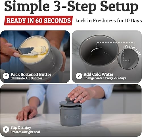 Miniatura 3 de Priority Chef Recipiente para Mantequilla con Tapa y Línea de Agua, Plato Francés de Cerámica para Mantequilla para Dejar en la Encimera, Gris Claro