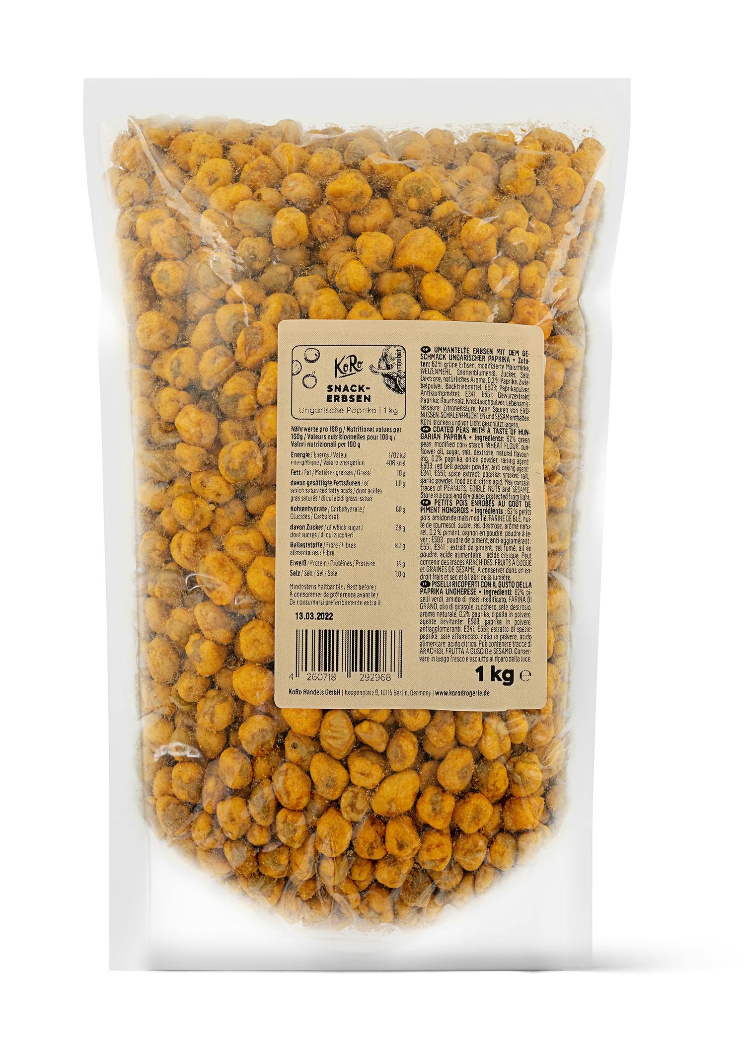 KoRo - Snack aux pois saveur poivron hongrois 1 kg - Petits pois croquants aux épices de paprika - Saveur fumée et épicée - Alternative vegan aux chips traditionnelles