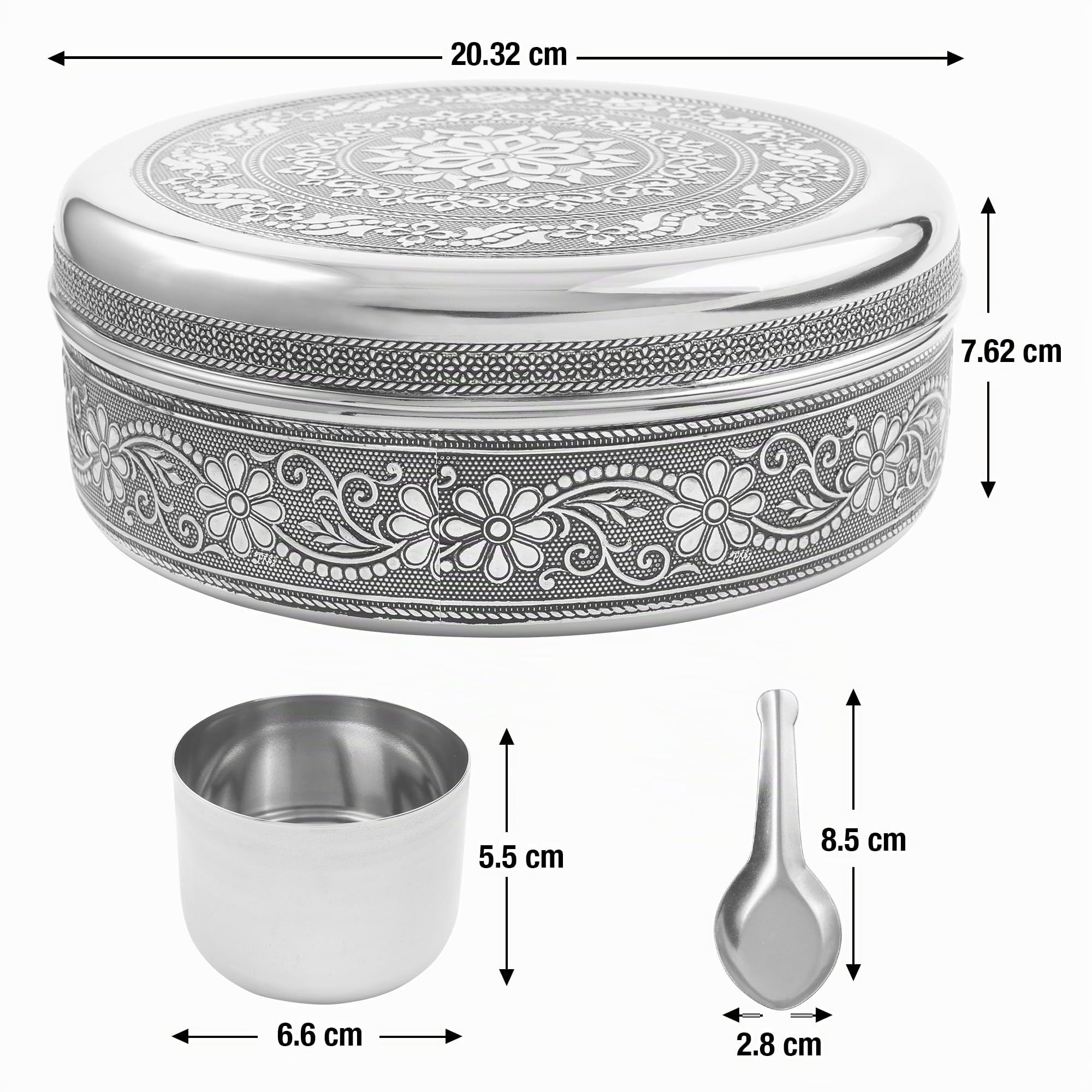 KSJONE Masala Dabba Design – Boîte à épices indienne en acier inoxydable de 8 pouces, avec 7 compartiments individuels, cuillères de service et couvercle – Organiseur d'épices poli miroir