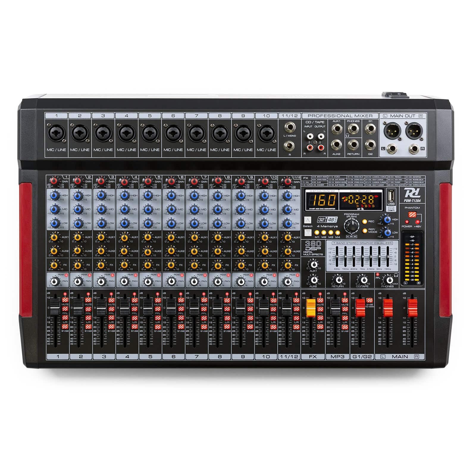 Power Dynamics PDM-T1204 Mezclador de audio de 12 canales con Bluetooth, ecualizador gráfico de 7 bandas, MP3, salida USB, salida de auriculares de 6,35 mm, ideal para estudio de grabación