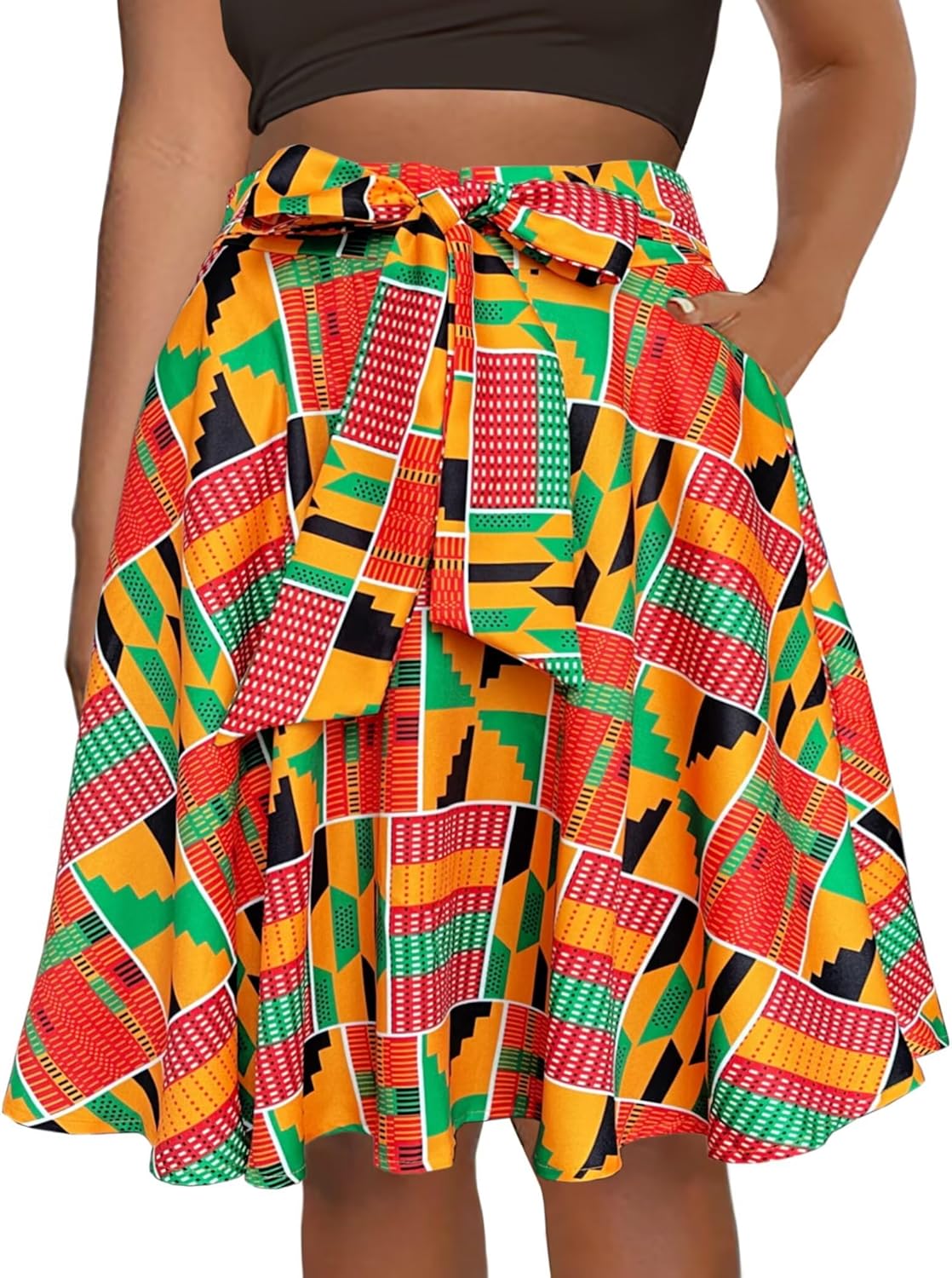 Afibi Womens African High Waist Tie Ankara Skirt Flared Dashiki Midi Skirt with Pockets