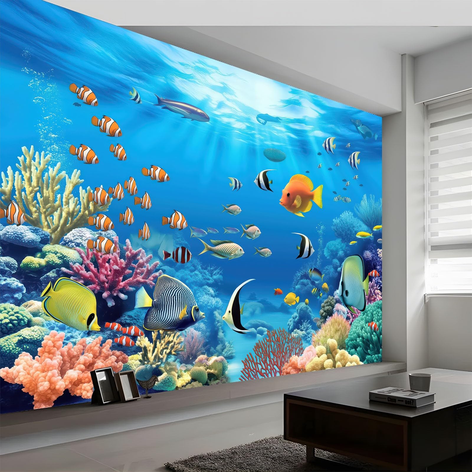 Vlies Fototapete 300 x 210 cm - FotoTapete Schlafzimmer Wohnzimmer Moderne Vliestapete Wandtapete Motivtapeten Bildtapete 3d Effekt Wand Dekoration - Blau Ästhetische 3D Unterwasserwelt Fische
