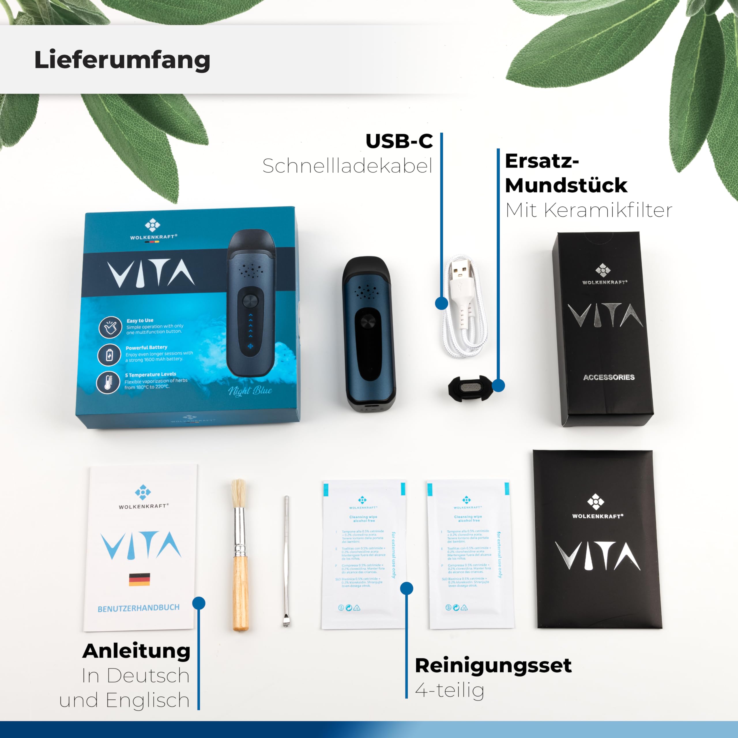 WOLKENKRAFT ViTA Premium-Vaporizer *Nachtblau* | Für Kräuter & Extrakte | 5 Temperaturstufen | kompakt | vollisolierter Luftkanal | Edelstahl-Kammer | einfache Bedienung