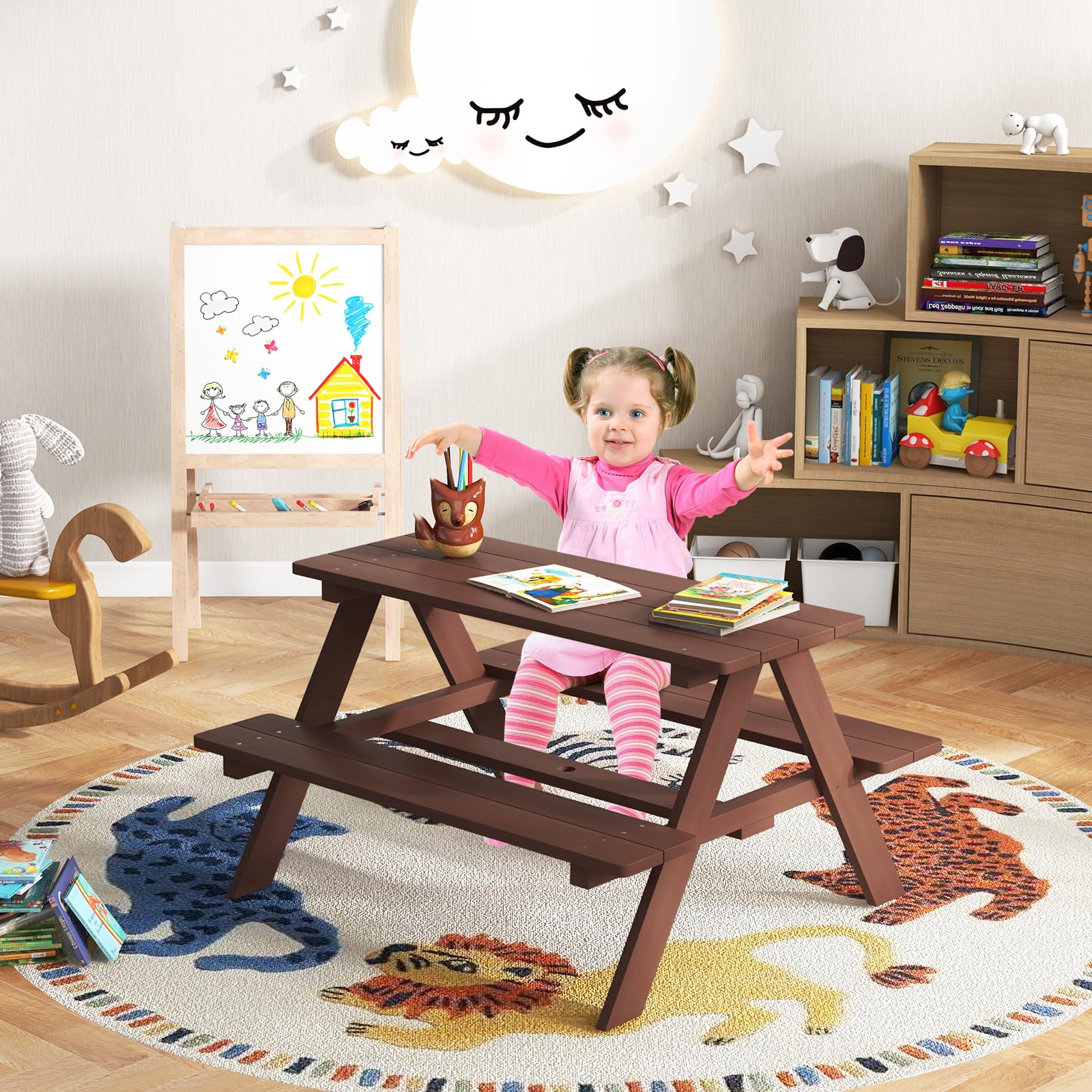 SOARS Mesa de Picnic para Niños con 2 Bancos de Madera Maciza, Conjunto de Asientos Infantiles con Sombrilla, Mesa y Banco de Jardín, Conjunto de Muebles Infantiles para Jardín, Patio