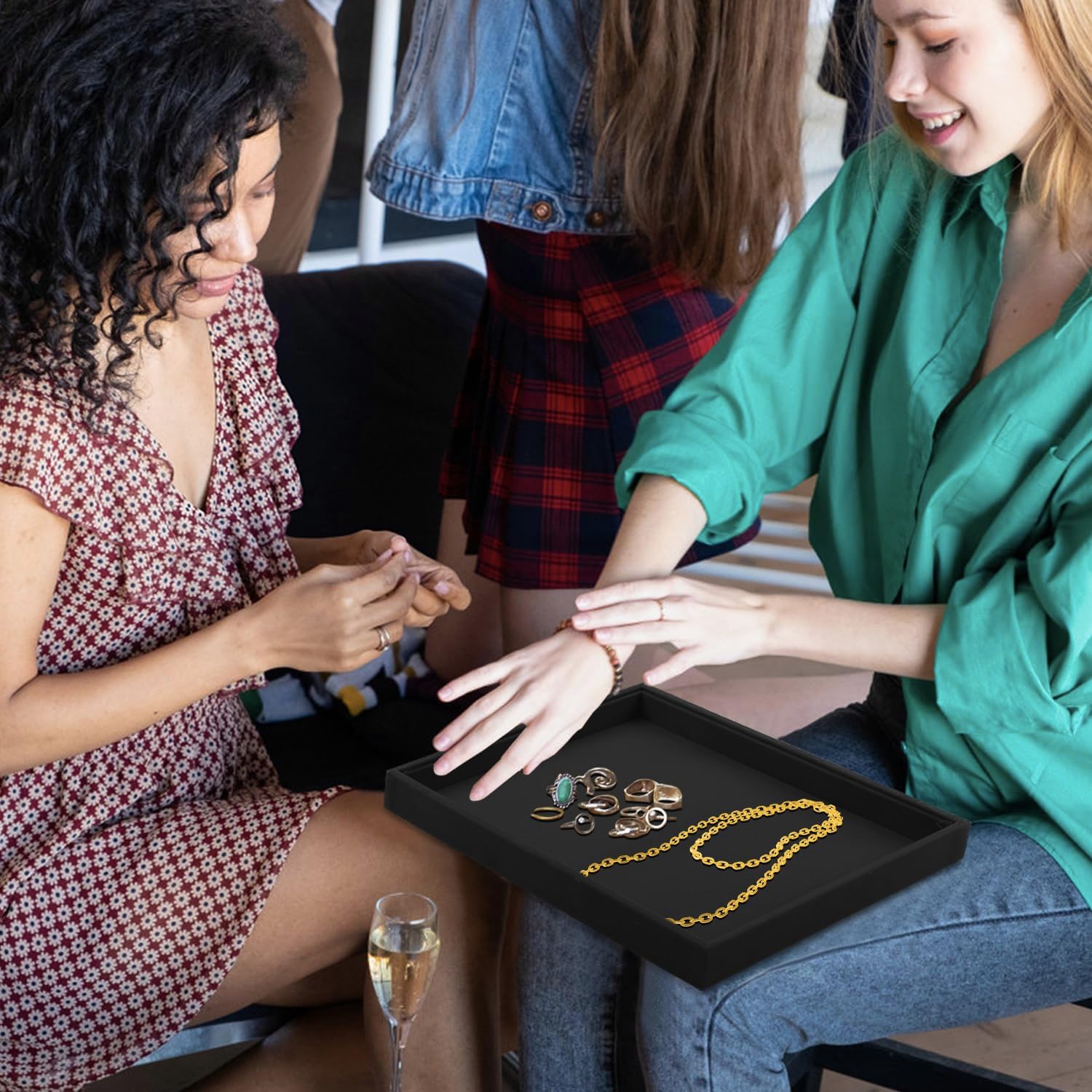 Lainrrew Jewelry Tray, 4 Pack Jewelry Organizer Velvet Jewelry Tray Stackable Jewelry Trays, Necklace & Earring Holder, Divided Bracelet & Ring Storage, 13.8"x9.5"x1.2" - Elegant Display Case (Black) - Image 5