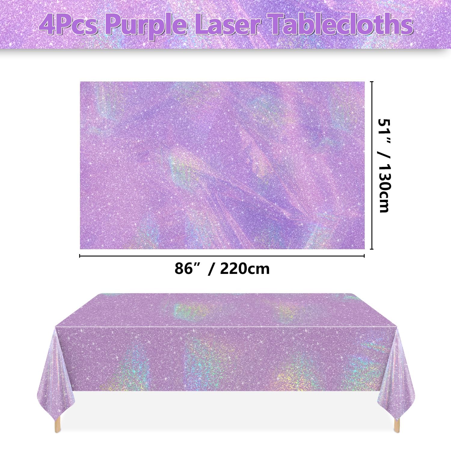 APUXXJUPA 4 Pcs Purple Laser Table Covers, Shiny Disposable Rectangle Purple Tablecloth for Iridescent Party Decorations Bridal Wedding Party Supplies, 51 x 86 inches