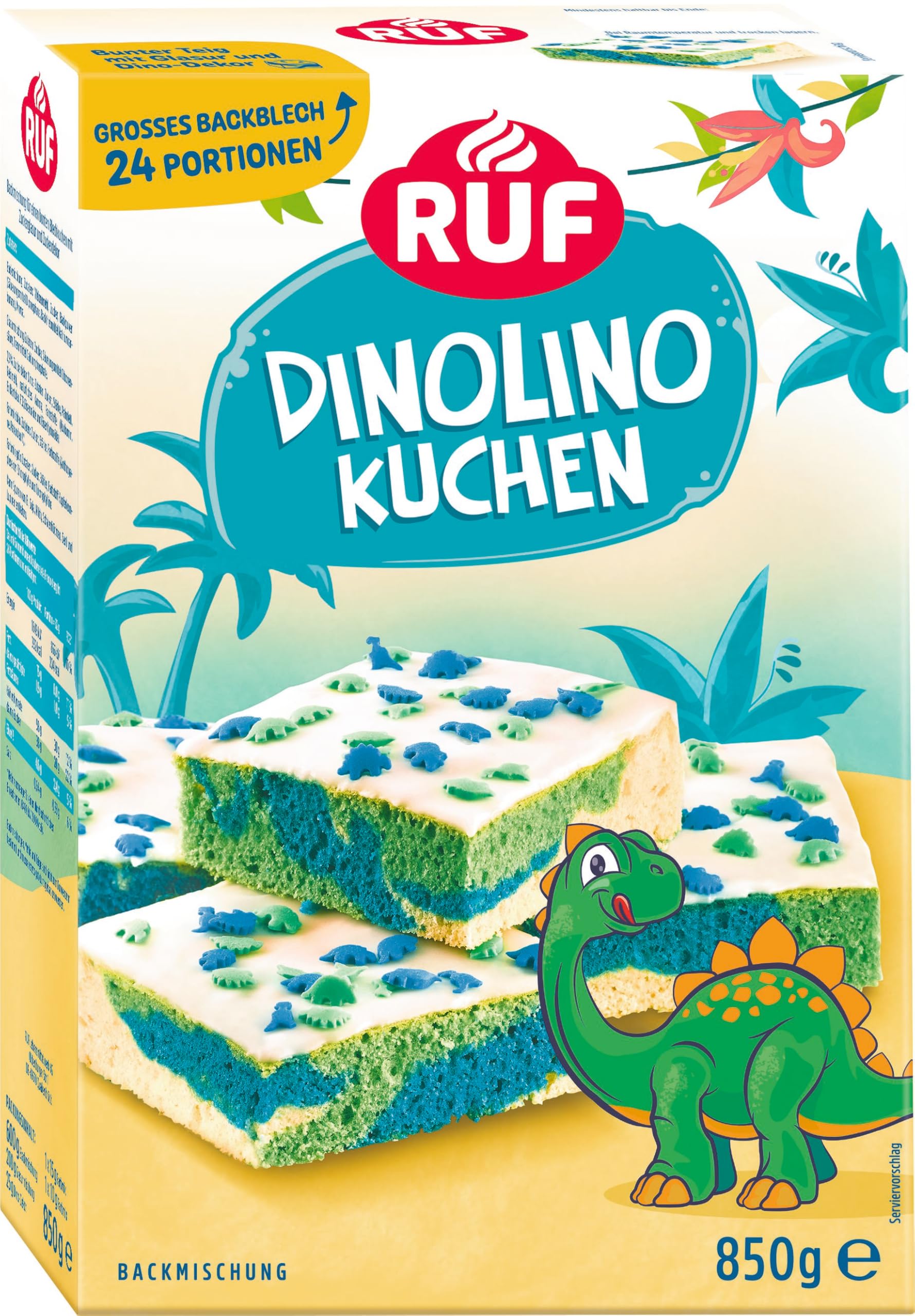 RUF Dinolino Kuchen, dreifarbiger Blechkuchen Zitronen-Geschmack mit Zuckerglasur und bunten Dino-Streuseln, perfekt für Kindergeburtstage und Babyshower-Partys, 850g