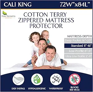 Zippered Waterproof Mattress Encasements - Hypoallergenic Mattress Protector Cover with Soft Cotton Terry Fabric Top - California King Size 72' x 84"