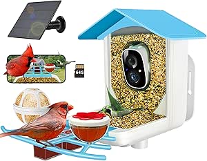64GB Smart Bird Feeder with Camera Solar Powered, 2K 3MP HD Live Video &Playback on Phone, AI Identify +10,000 Bird Species, 2.4G WiFi Bird Feeder Camera Wireless Outdoor House-Bird Watching (Blue) asin的图片