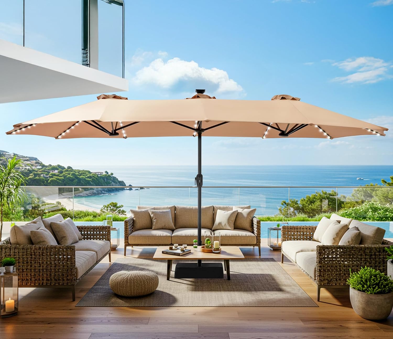 SUPERJARE 15ft Large Patio Umbrella with Base included, Double Sided Outdoor Umbrella with Solar Lights, Pool Umbrella with Fade Resistant Canopy for Deck, Porch, Yard, Balcony, Beige