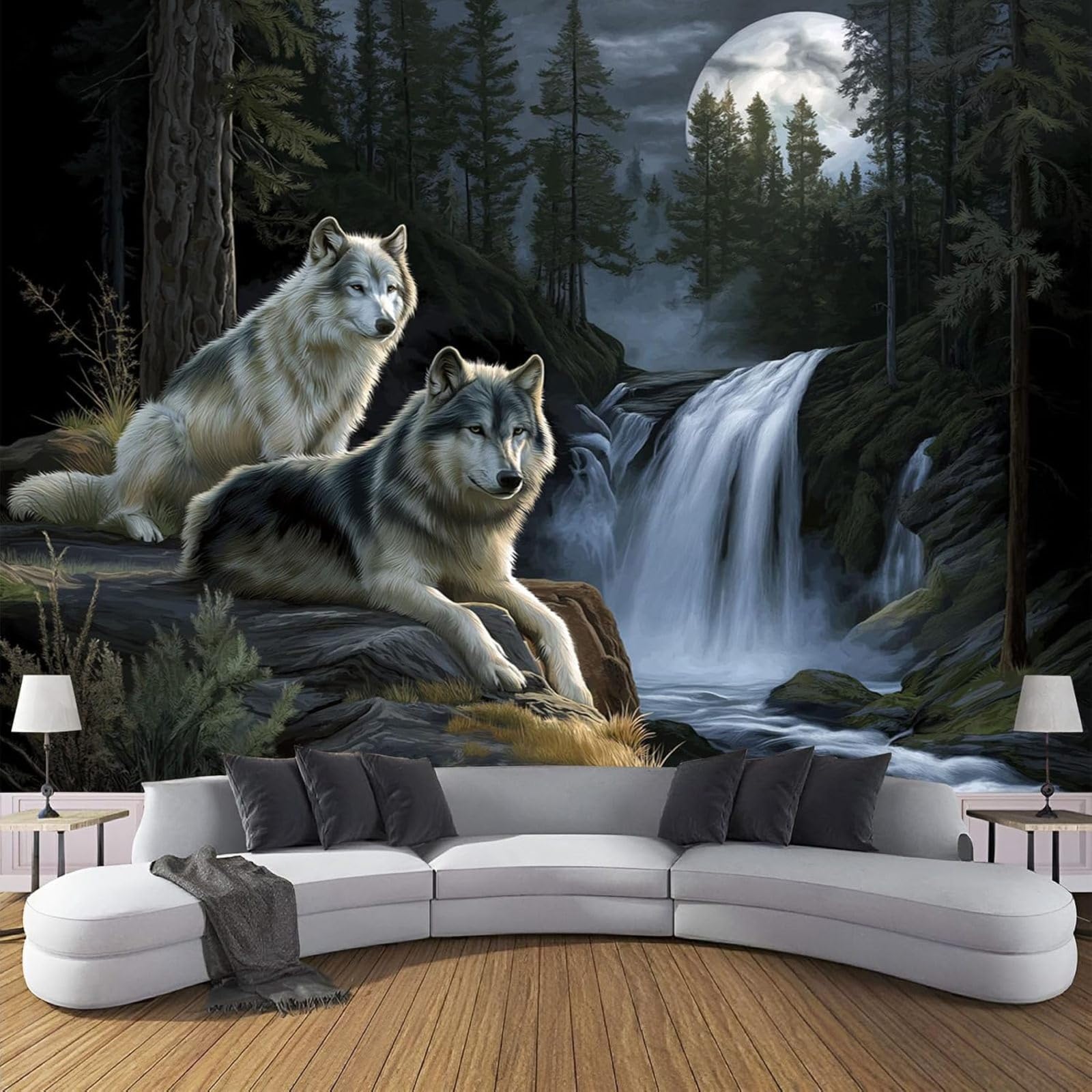 Papier peint photo 3D loups et cascades intissé pour salon 350x256 cm