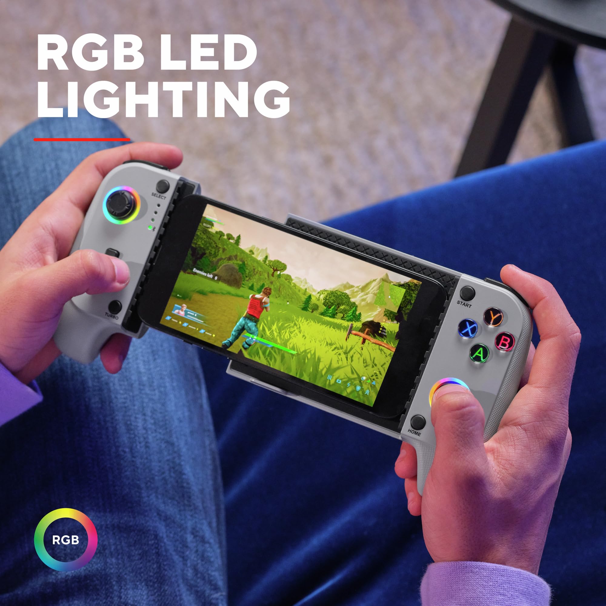 Trust Gaming GXTrust 735G Mylox Kontroler do Gier z Uchwytem na Telefon iPhone Android PS5 Xbox, Akumulator do 12h, Gamepad Bluetooth do Smartfona, Podświetlenie LED RGB, 18 Przycisków, Szary