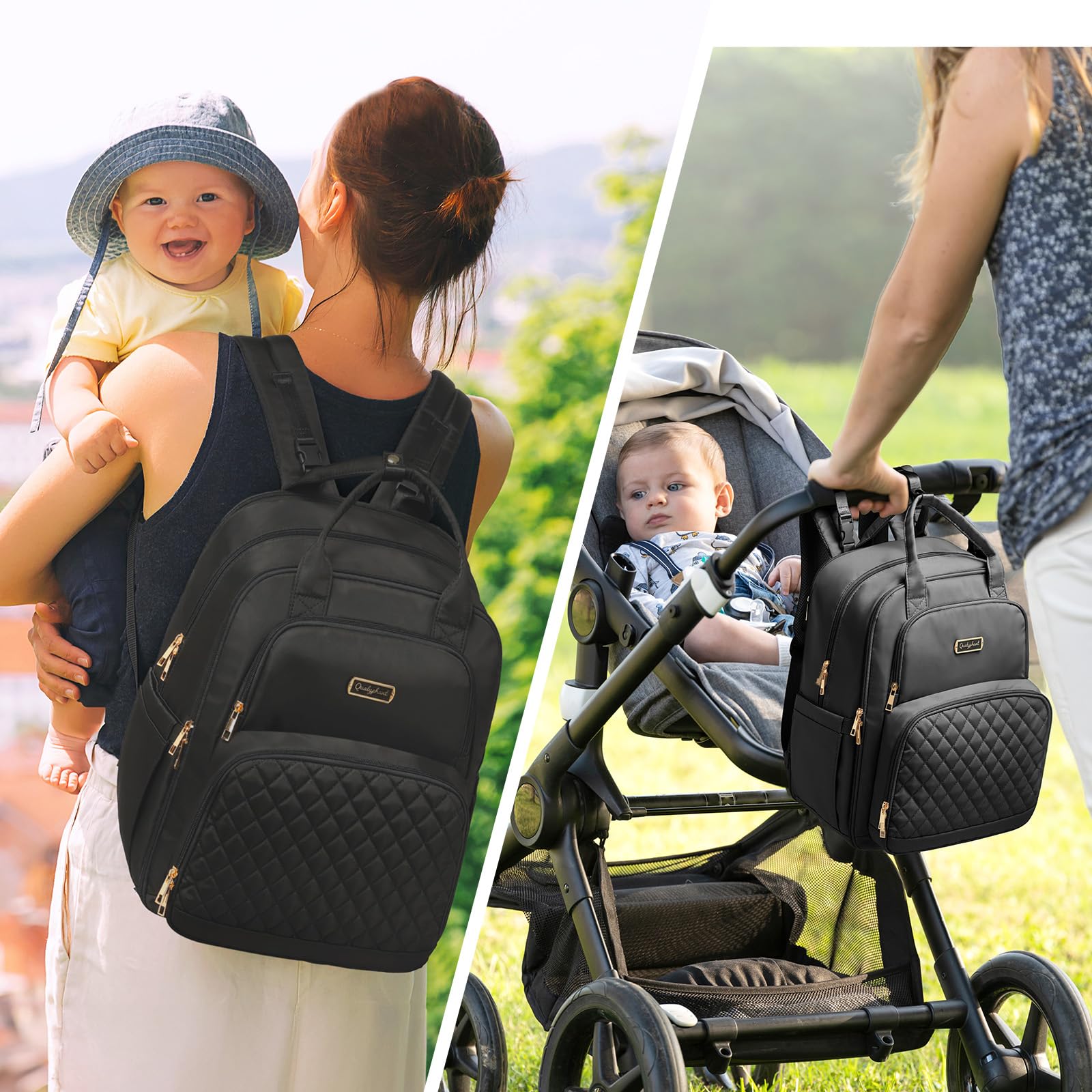 Qualyphant Diaper Bag Backpack - Extra Large Diaper Bag for 2 Kids Twins (Expandable 30-38L) - Travel Baby Backpack with Changing Pad for Mom Dad (Quilted, Water Resistant, Black)