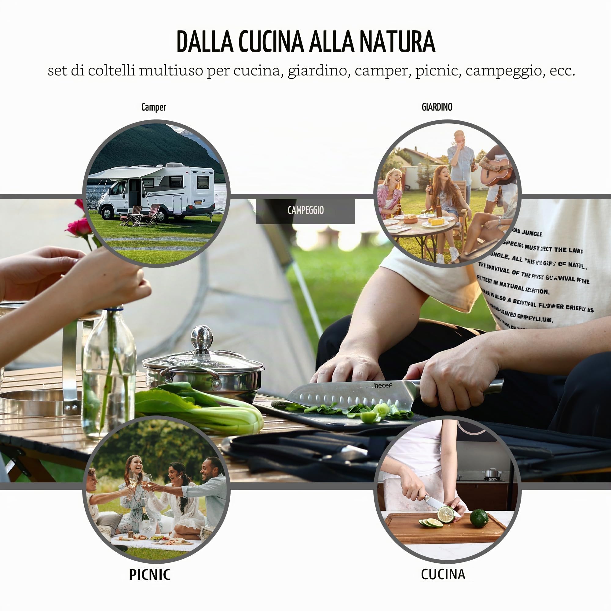 hecef set coltelli da cucina professionali in acciaio inox con borsa coltelli, foderi, tagliere reversibile, affilacoltelli 2 stadi e forbici, 10 Pezzi utensili cucina per picnic, campeggio e barbeque