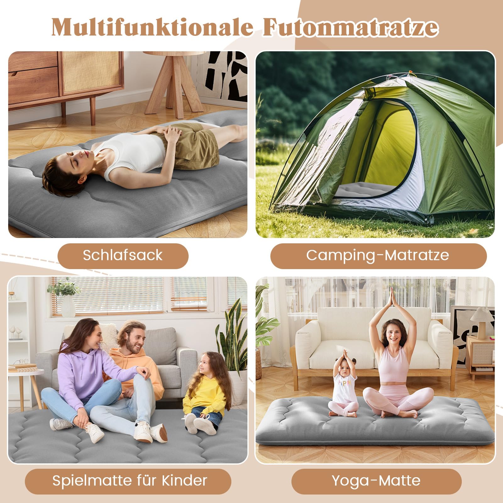 COSTWAY Japanische Futon Matratze, Tatami-Matte, Bodenmatratze, Klappmatratze mit waschbarem Bezug, Faltbare Schlafmatte mit Tragetasche, Beige, 90 x 200 cm (90 x 200 cm,Grau)