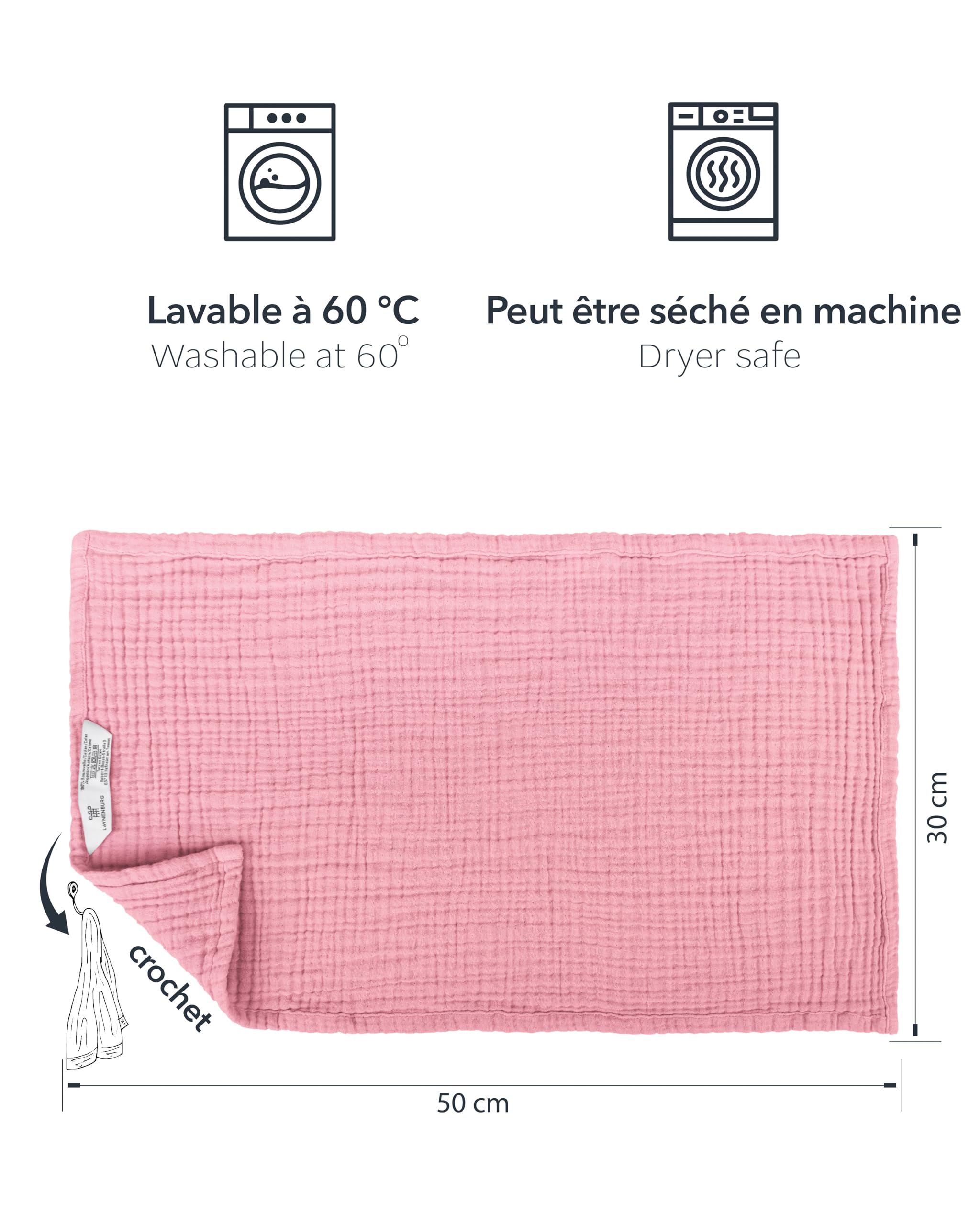 LAYNENBURG Lot de 10 Linge de Crachat Premium Bébé en Mousseline Extra Douce - 100% Coton - 30x50cm - Oeko Tex 100 - Linge en Mousseline comme Langes de Gaze ou Couches en Tissu (Vieux Rose)