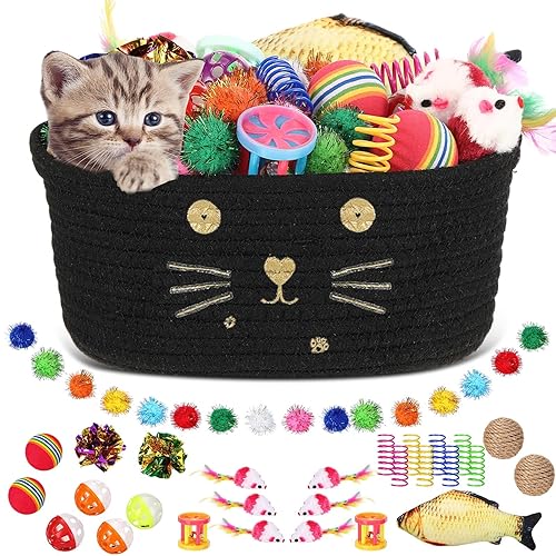 Zopeal 58 Pcs Cat Storage Basket Gift Toys Set, Colorful Flashing Balls Pet Bell Crinkle Balls Spring Toys Attract Cat to Swat, Bite, Hunt, Interactive for Pet (Black) - Black
