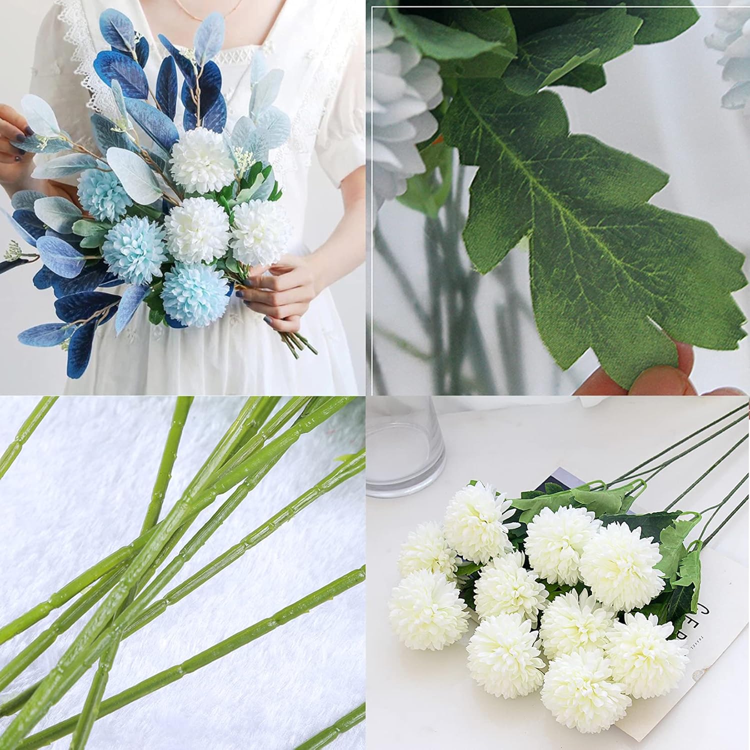 HinyoCo 24 Silk Chrysanthemum Ball Head Bouquet White Bouquets Hydrangea,12 Pcs Artificial Two Head Chrysanthemum Ball Flowers for Home Office Coffee House Parties and Wedding - Image 7